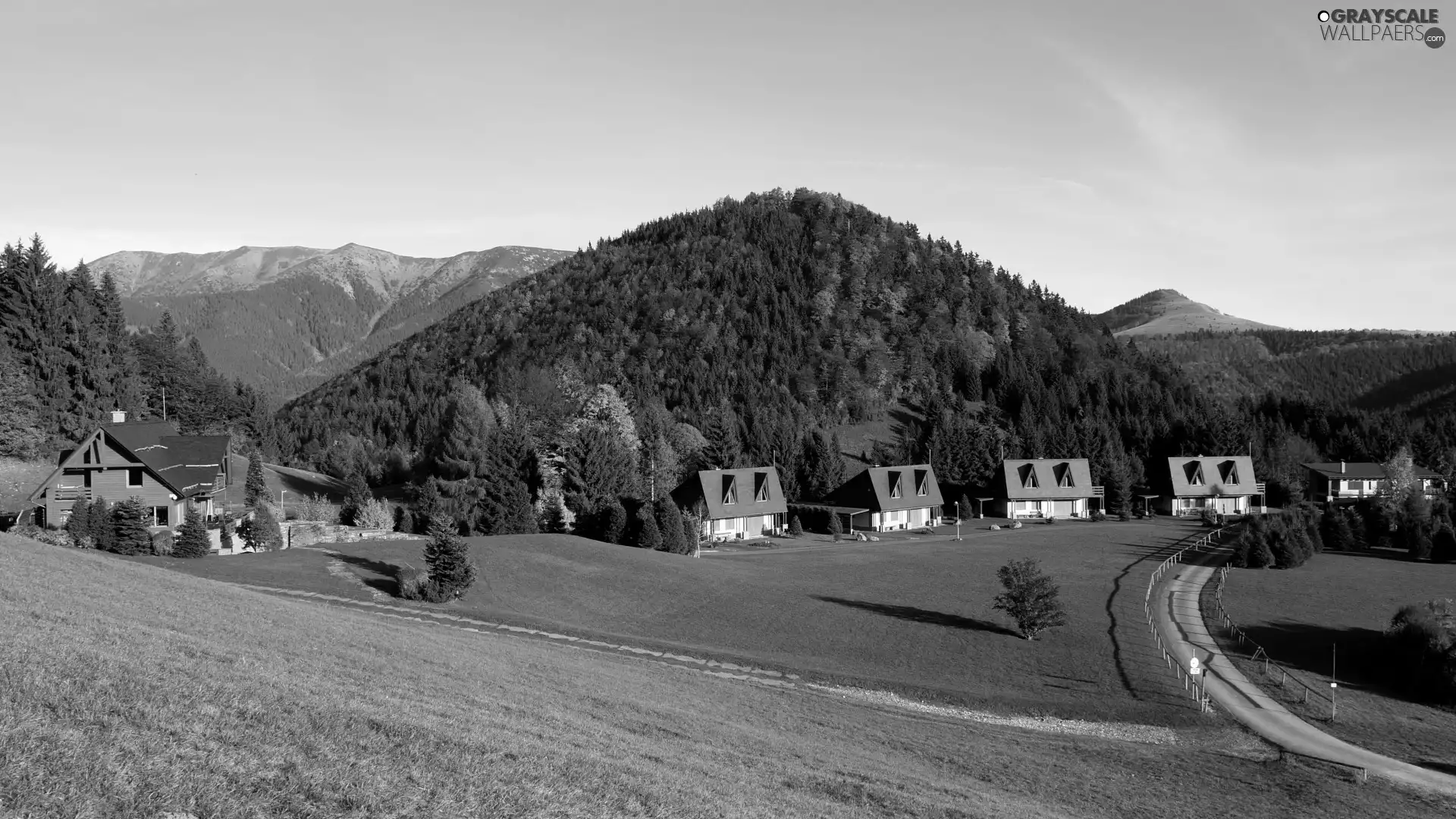 mountains, Mountains, Houses, Way, autumn, The wooded