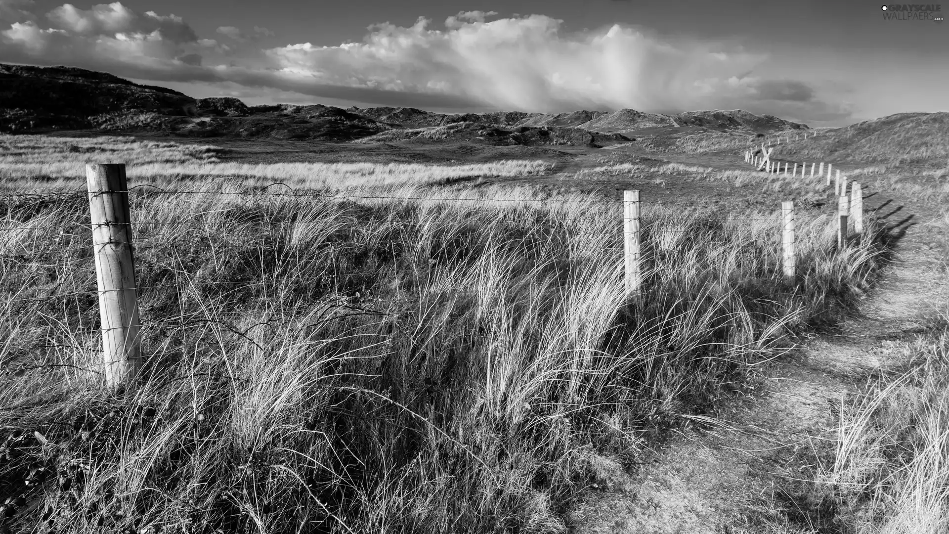 Way, fence, The Hills, pastures, clouds