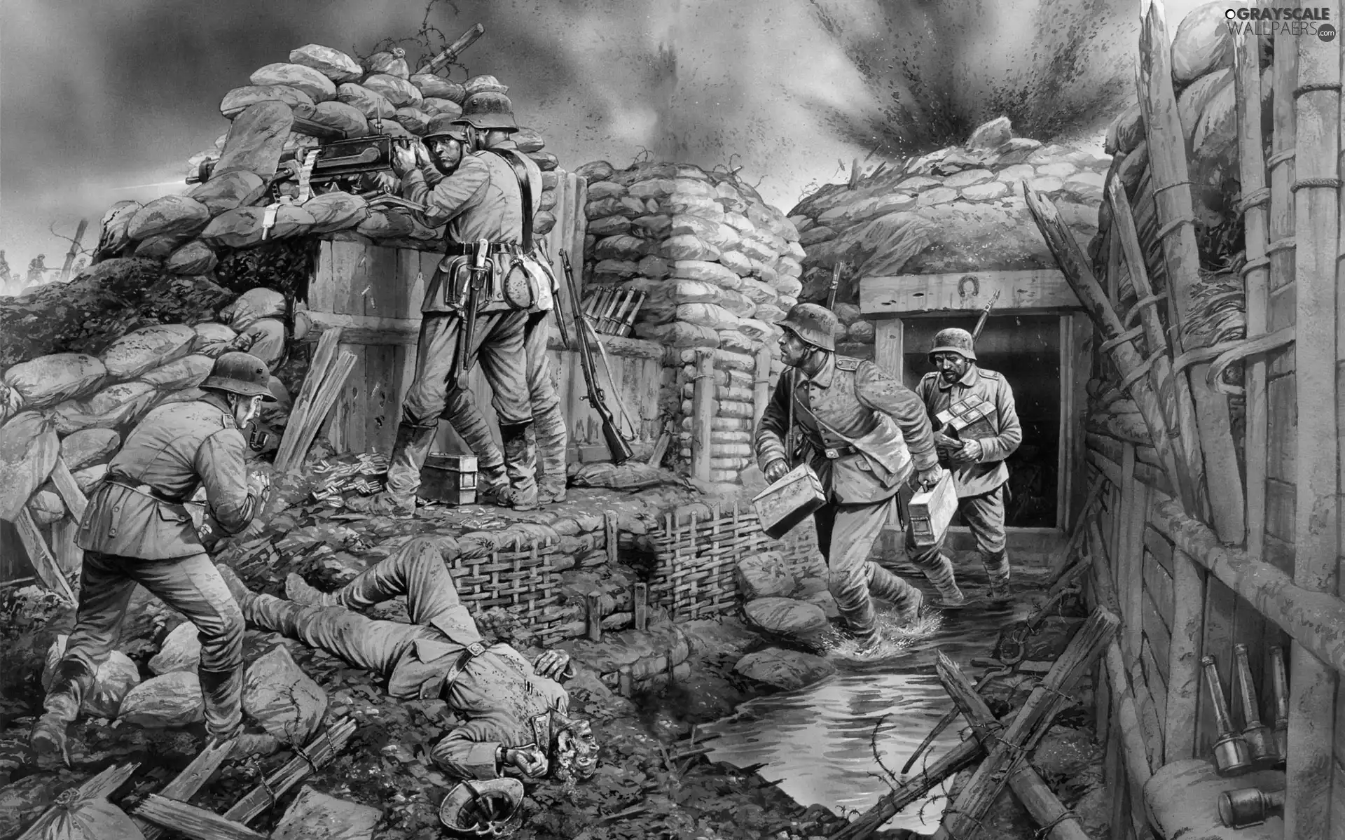 war, soldiers, Weapons, trench