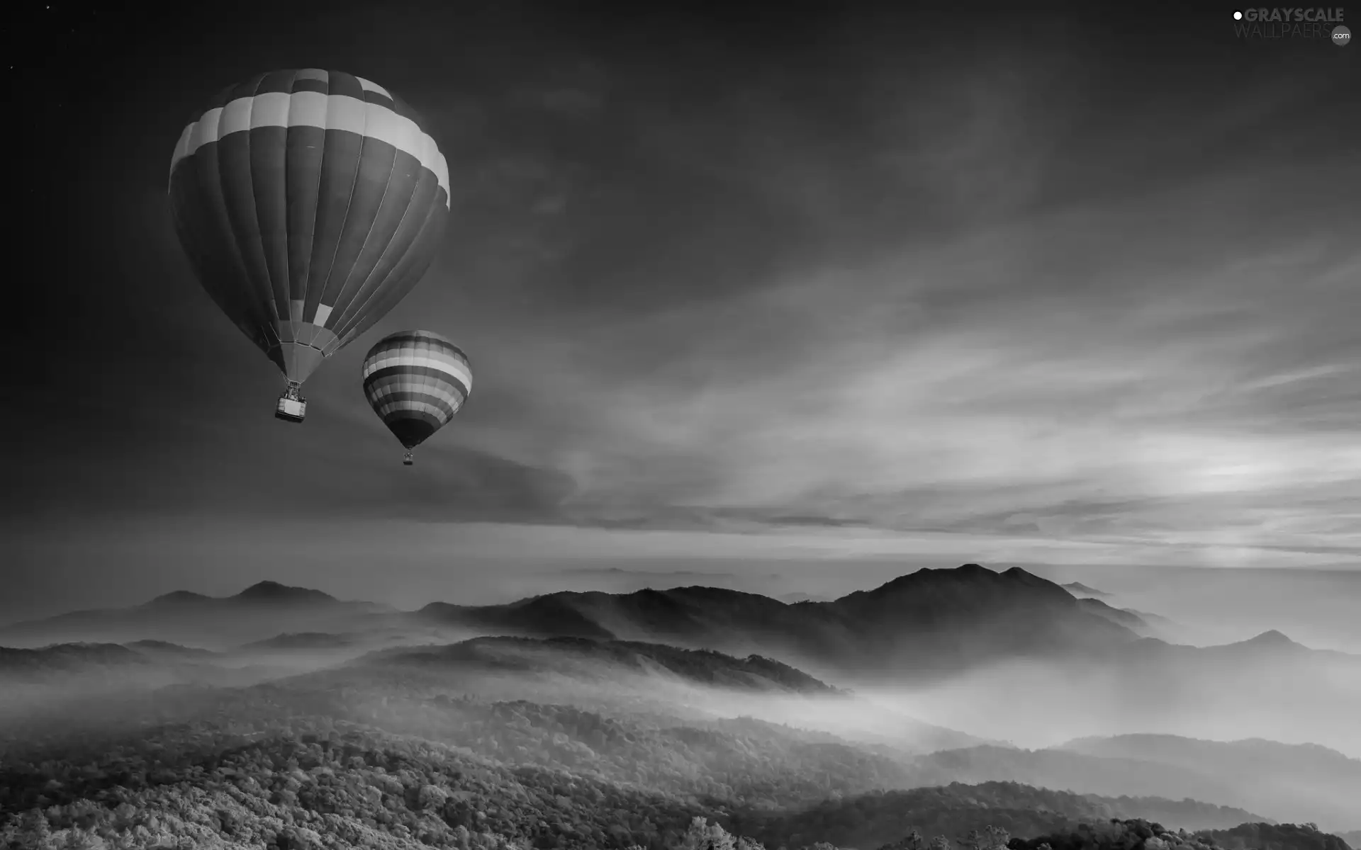 west, sun, Mountains, Sky, Balloons