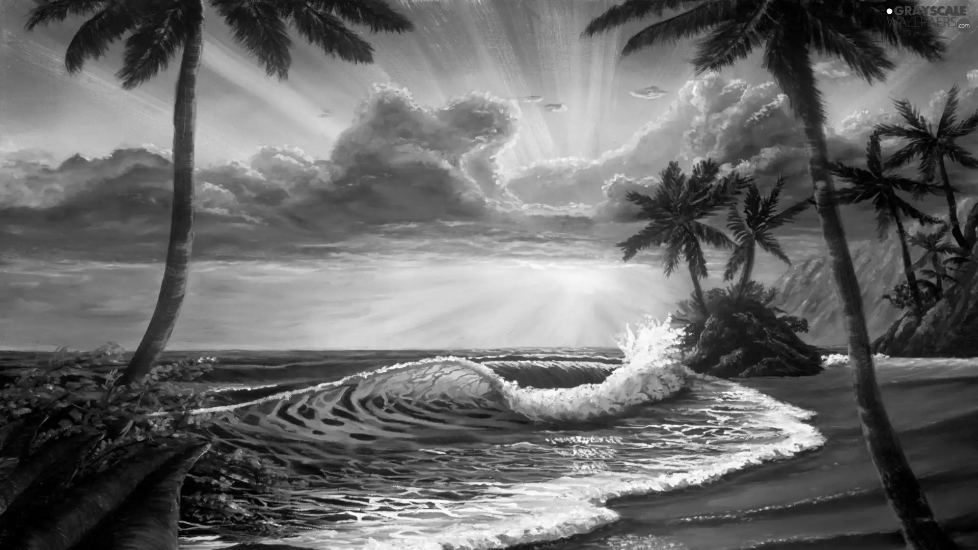 west, sun, Waves, Palms, Beaches