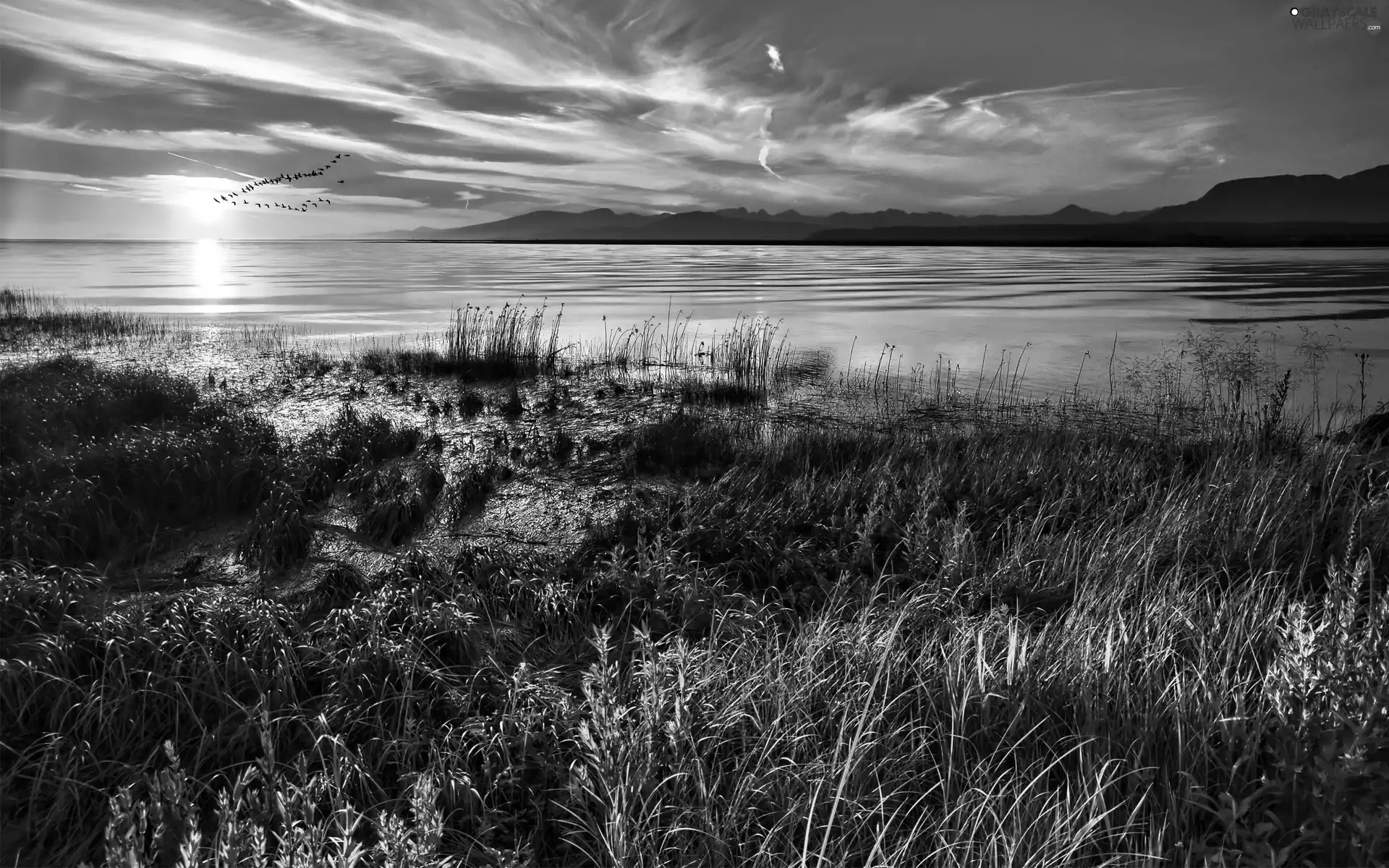 clouds, lake, west, sun, Beatyfull, Mountains