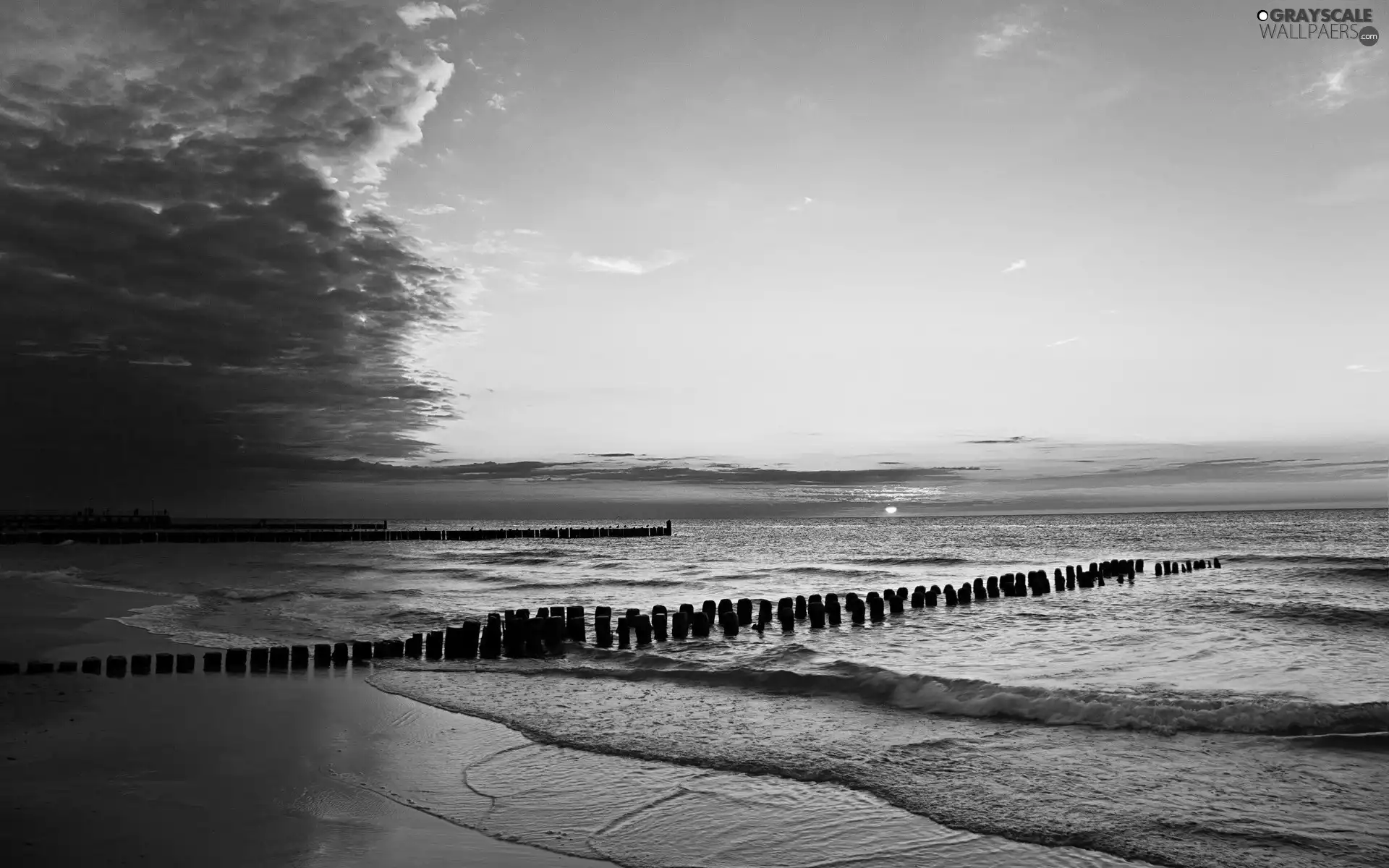 Waves, Coast, west, sun, clouds, Pale