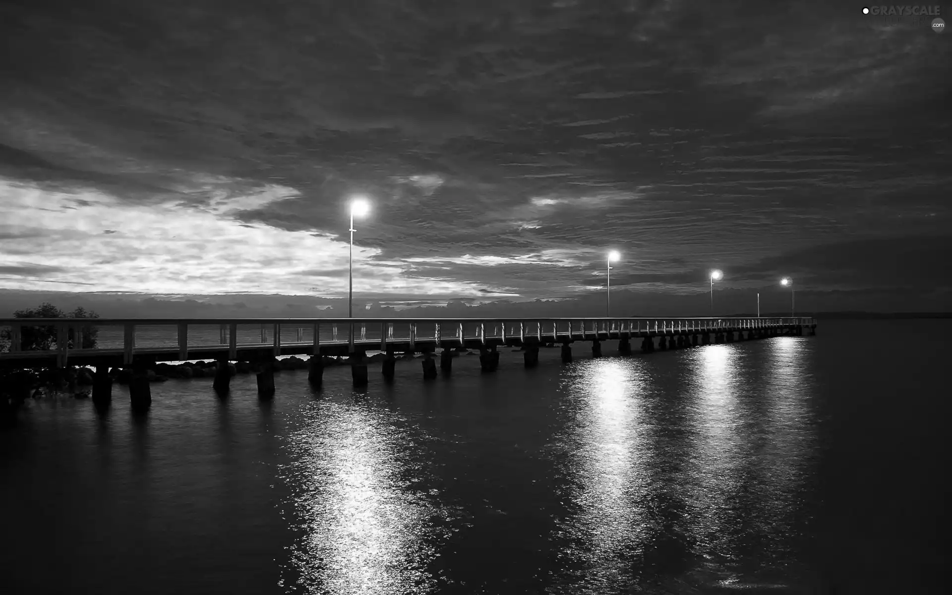 lanterns, lake, west, sun, clouds, Platform