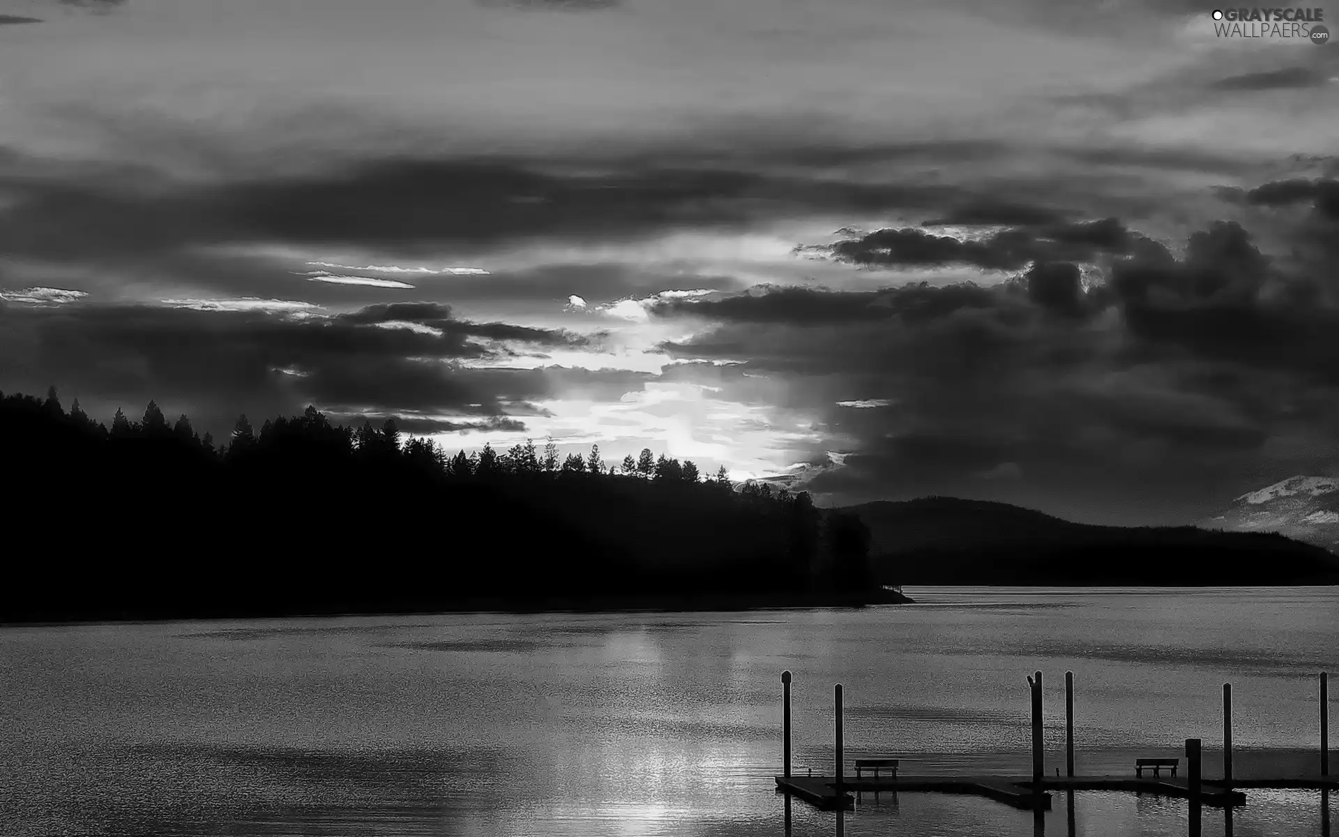 woods, lake, west, sun, clouds, Mountains