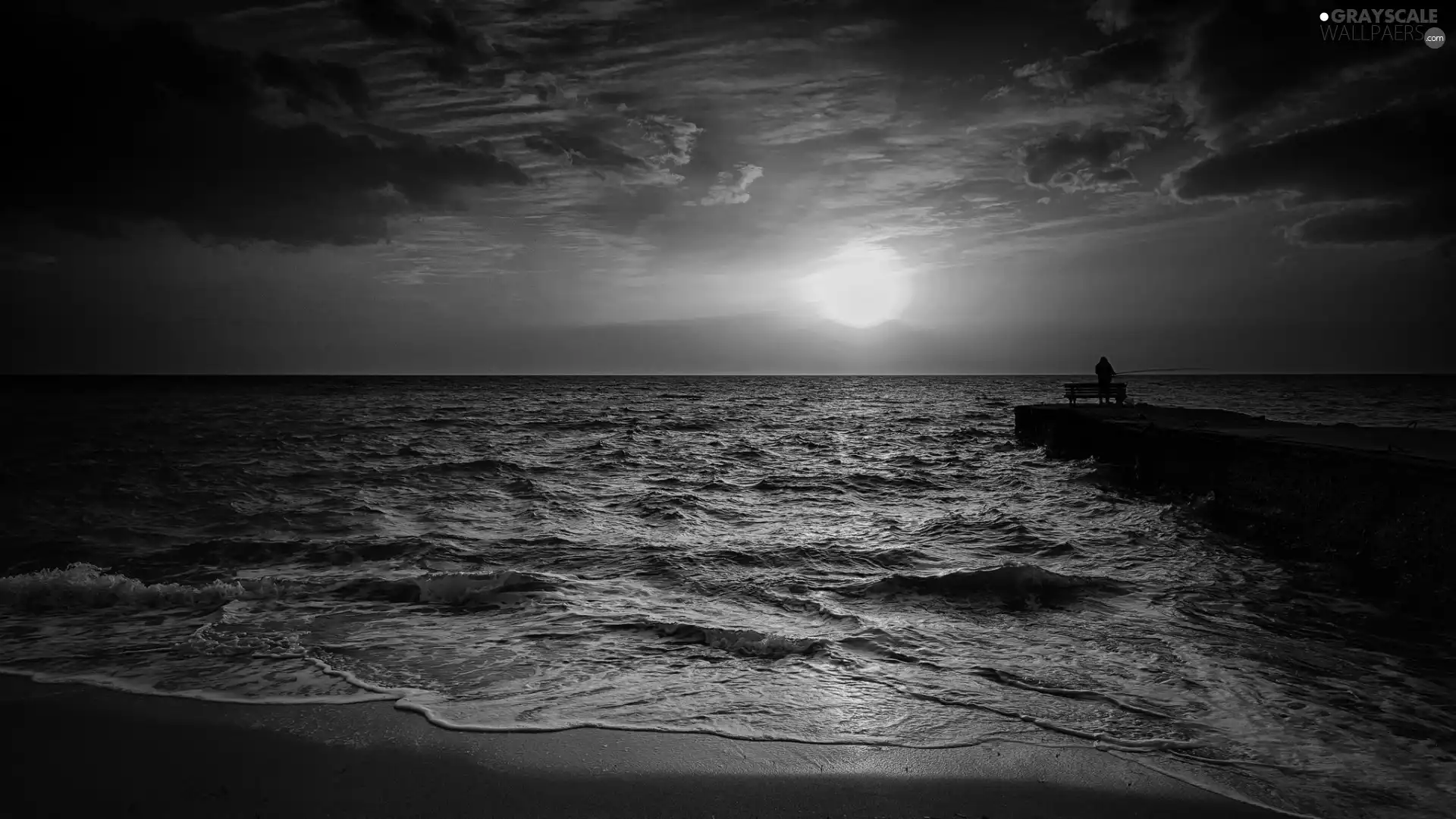 angler, sea, west, sun, clouds, pier