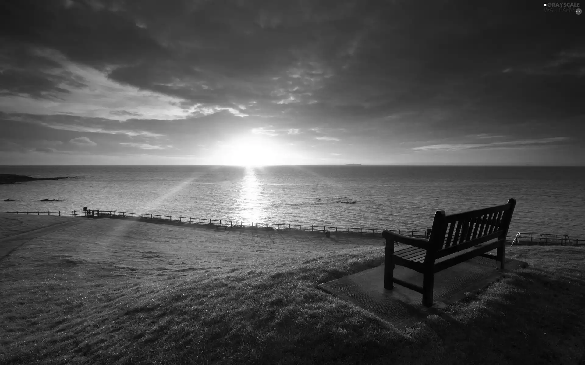 west, sun, Bench, clouds, Coast