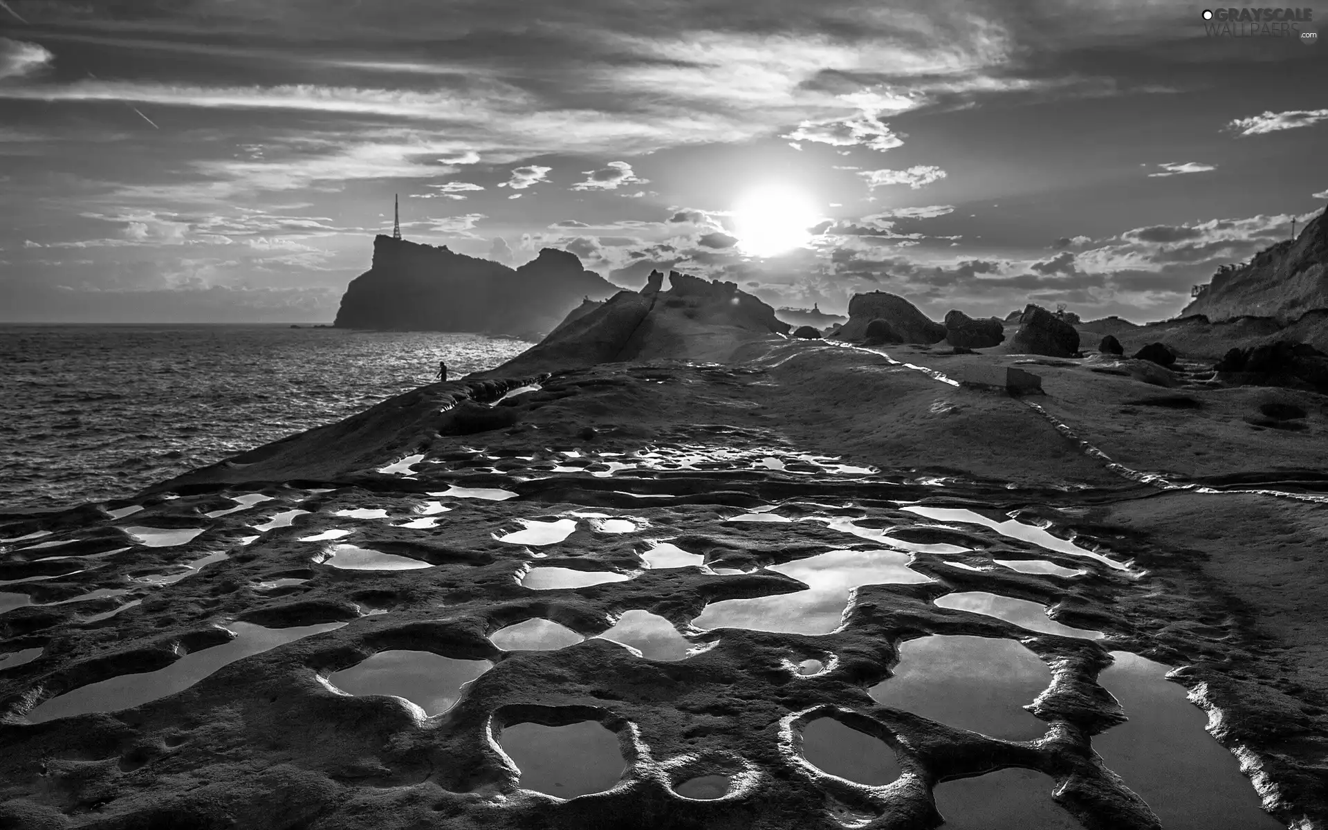 west, sun, rocks, clouds, Coast