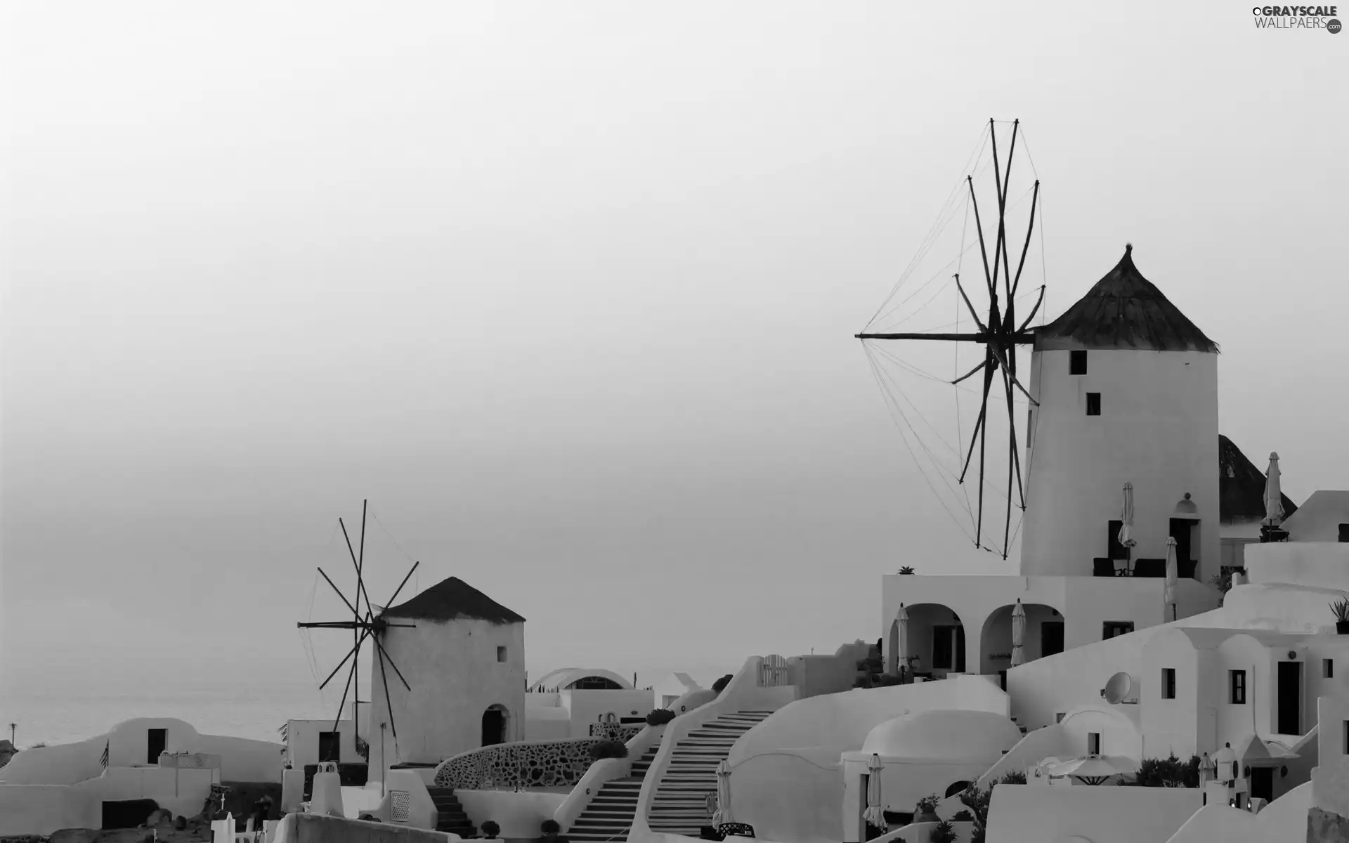 santorini, Windmills, west, sun, Greece, Houses