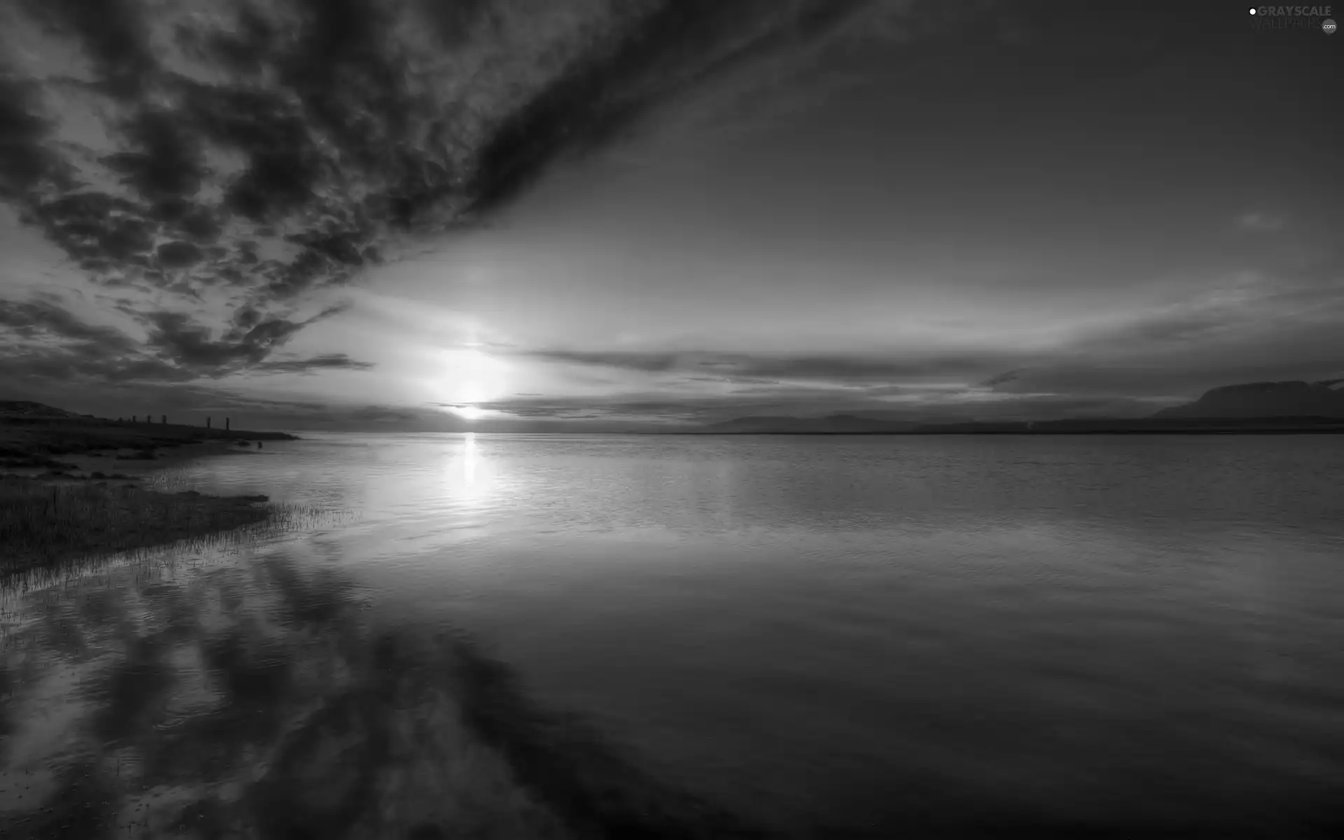 west, sun, Mountains, clouds, lake