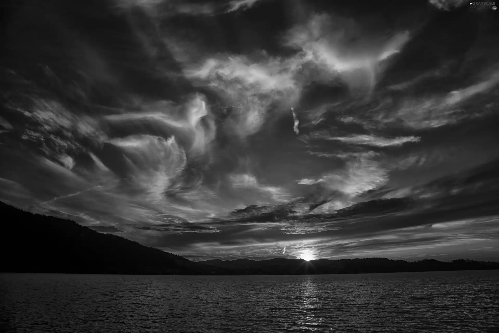west, sun, Sky, clouds, lake