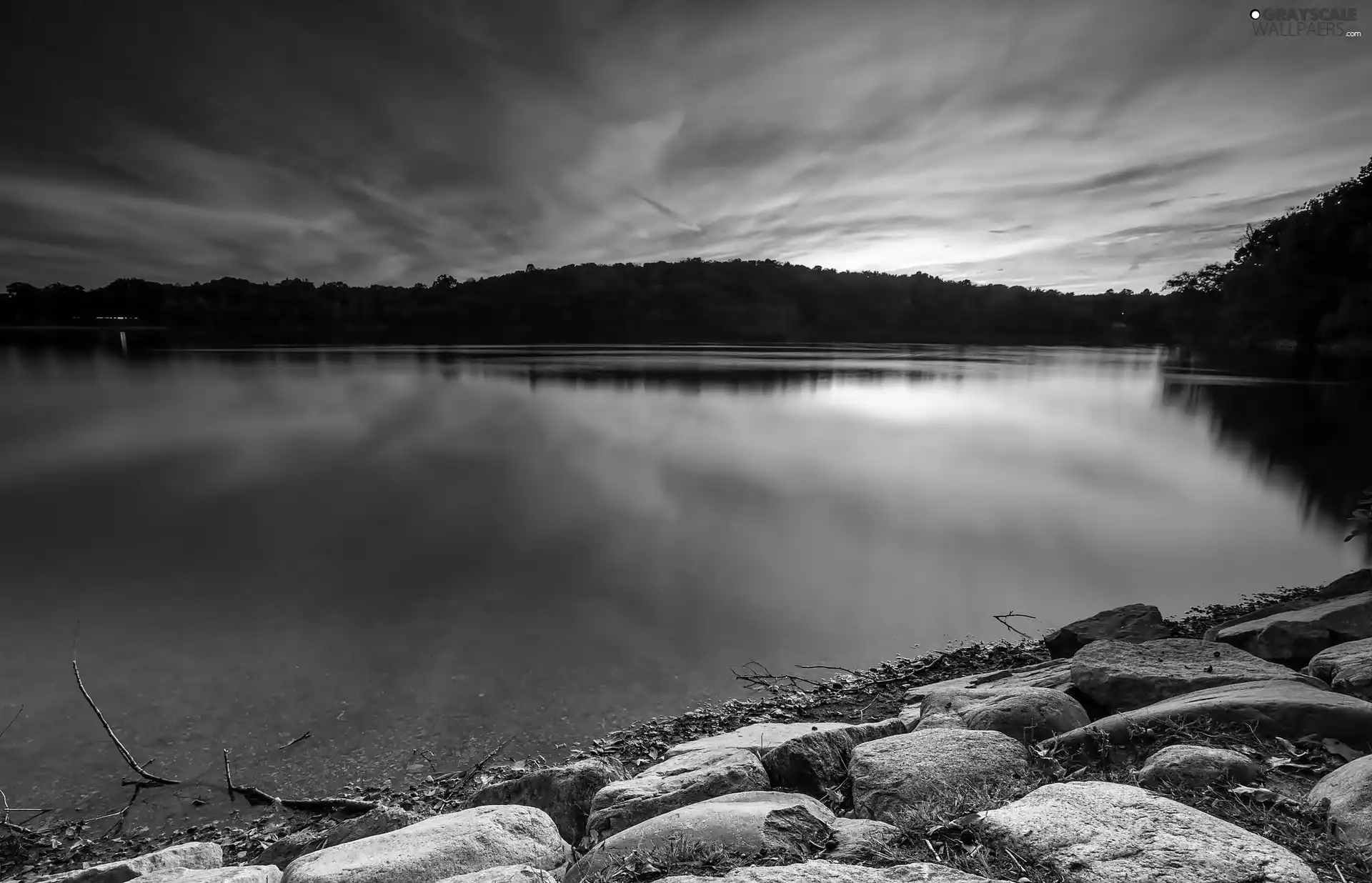 west, sun, coast, Stones, lake