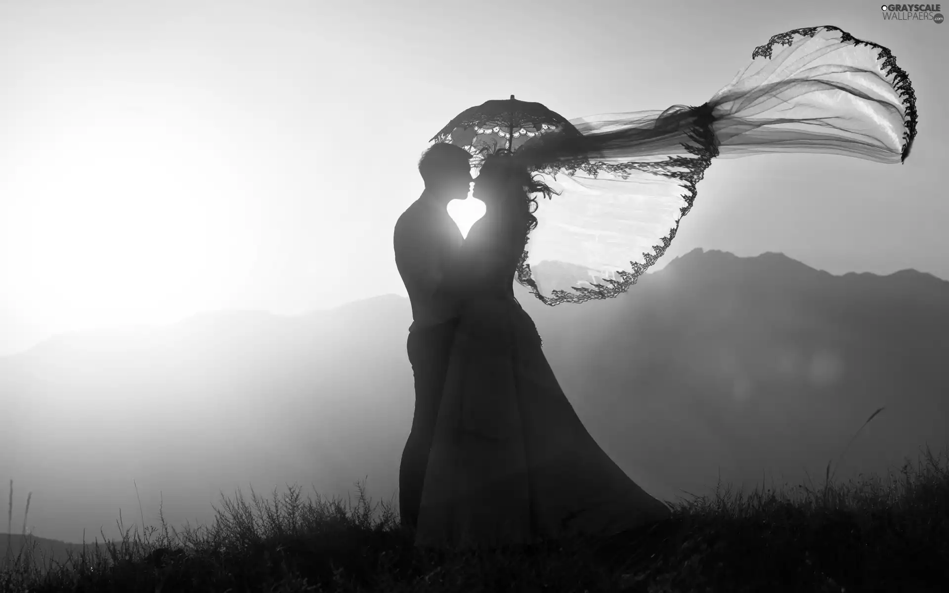 west, sun, Meadow, Mountains, lovers