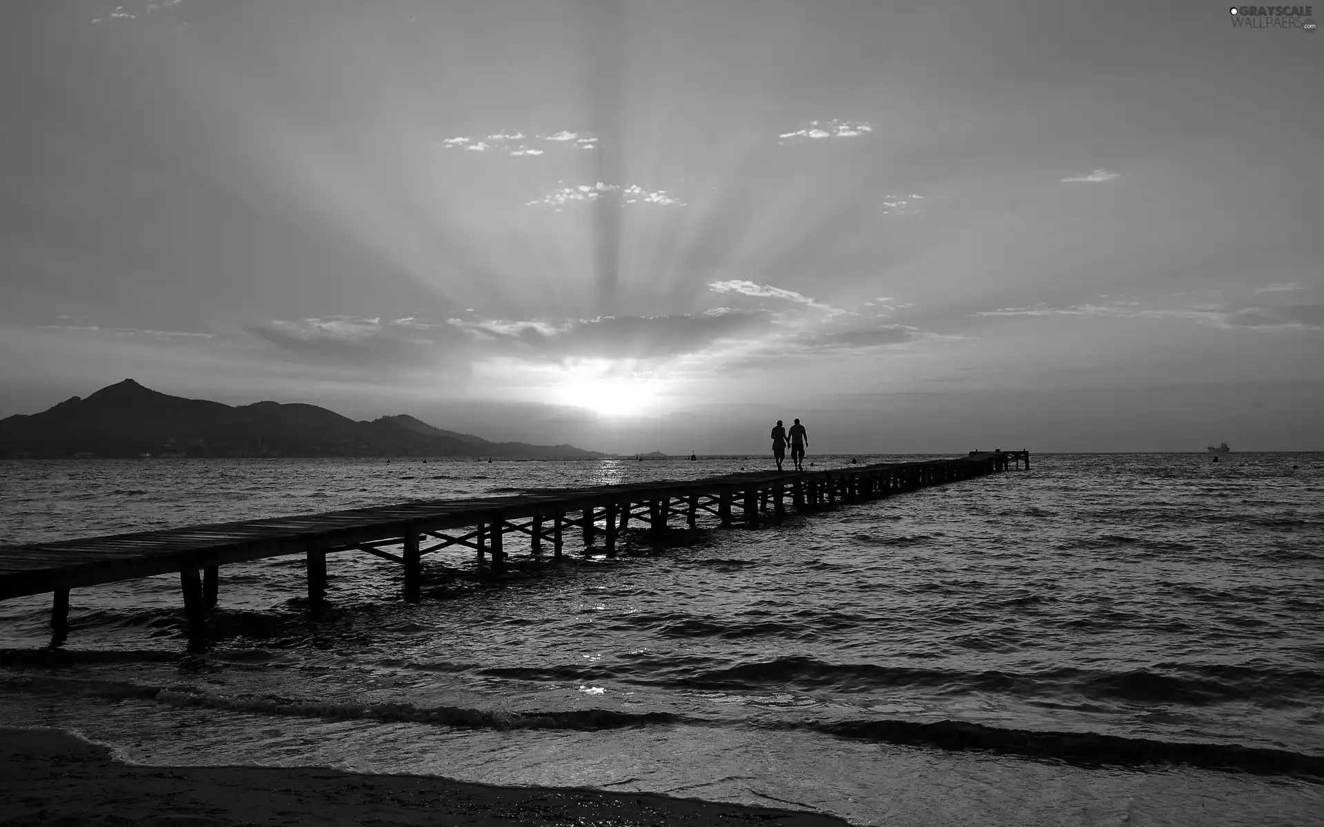 Mountains, sea, west, sun, People, Platform