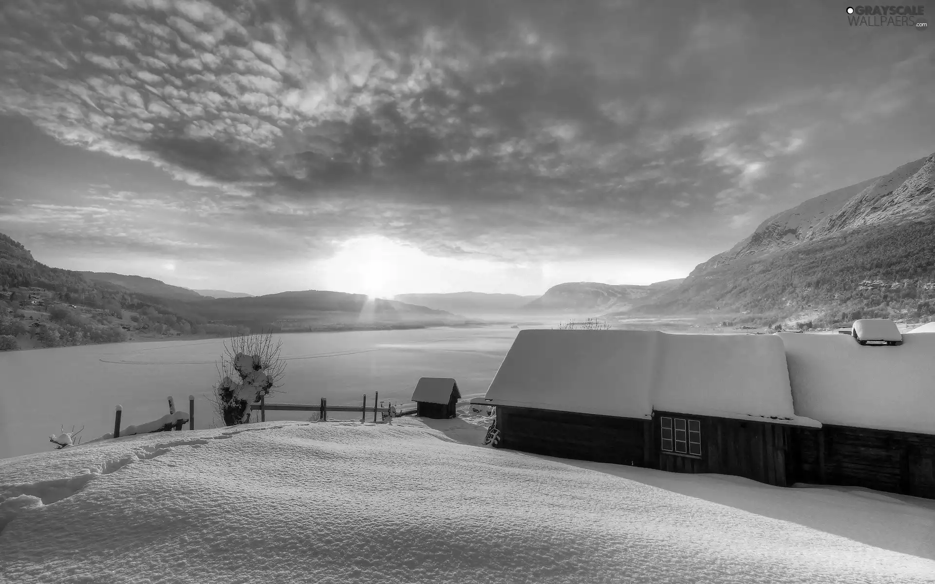 west, sun, Mountains, Houses, River