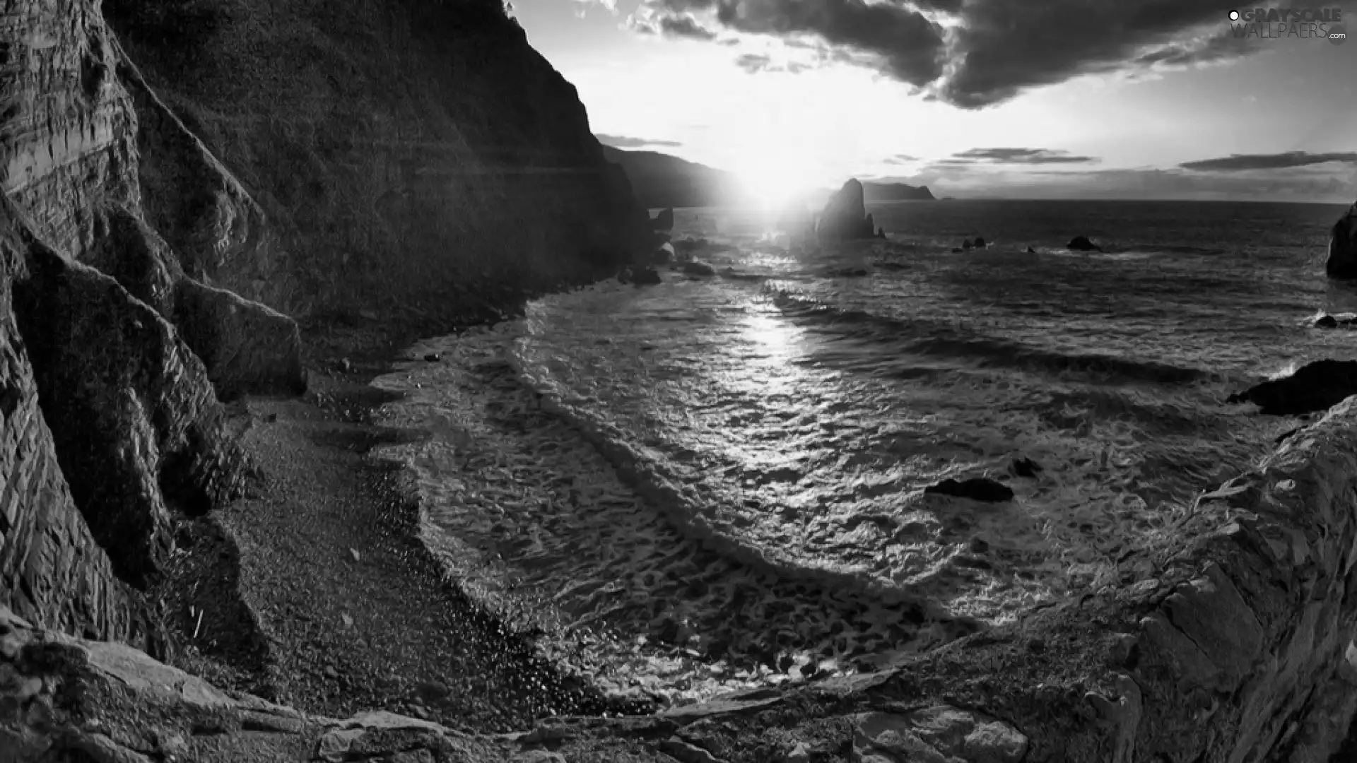 west, sun, sea, Coast, rocks