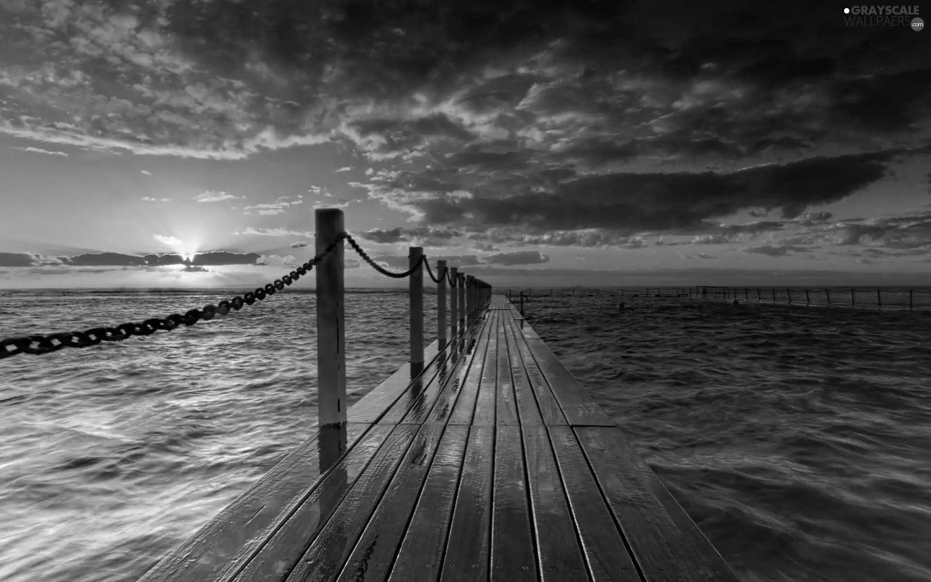 west, sun, Platform, clouds, sea