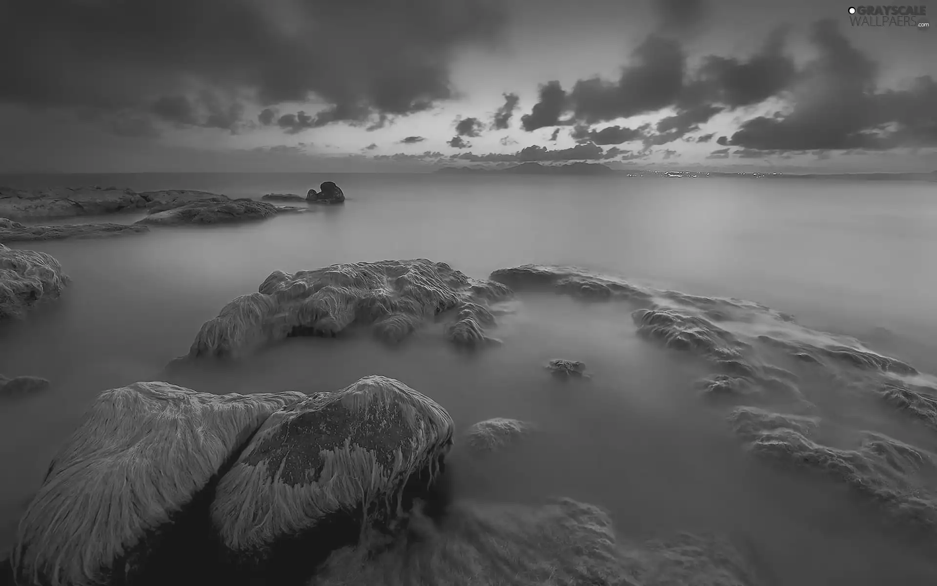 west, sun, rocks, clouds, sea