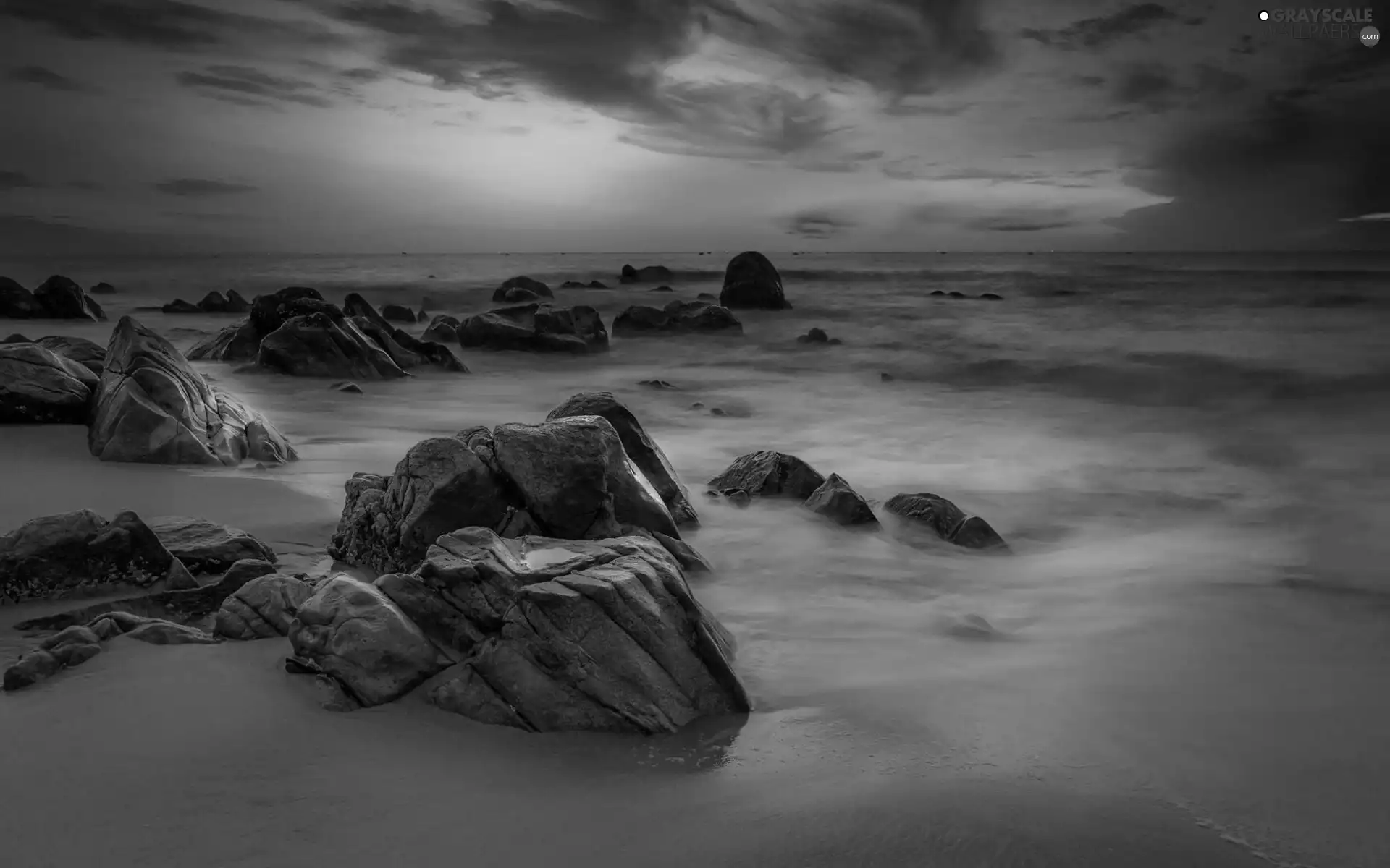 west, sun, rocks, clouds, sea