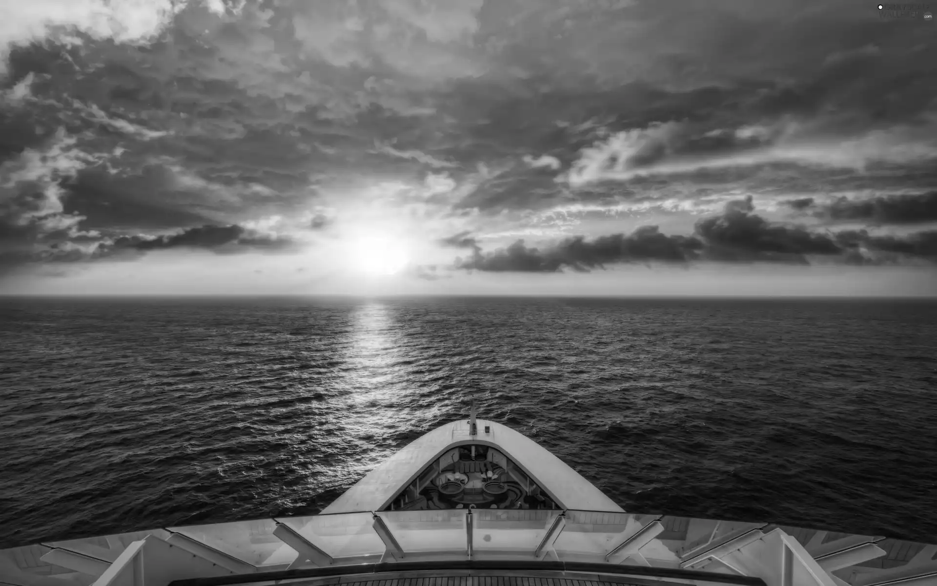 west, sun, Ship, clouds, sea