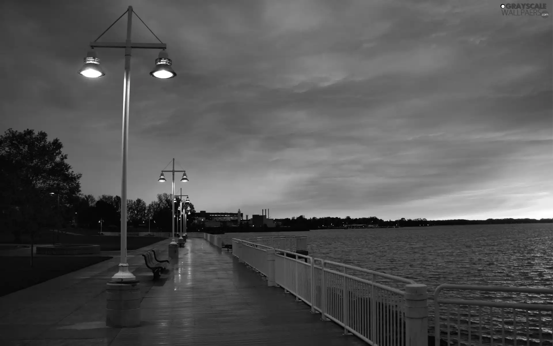 west, sun, Town, lanterns, sea