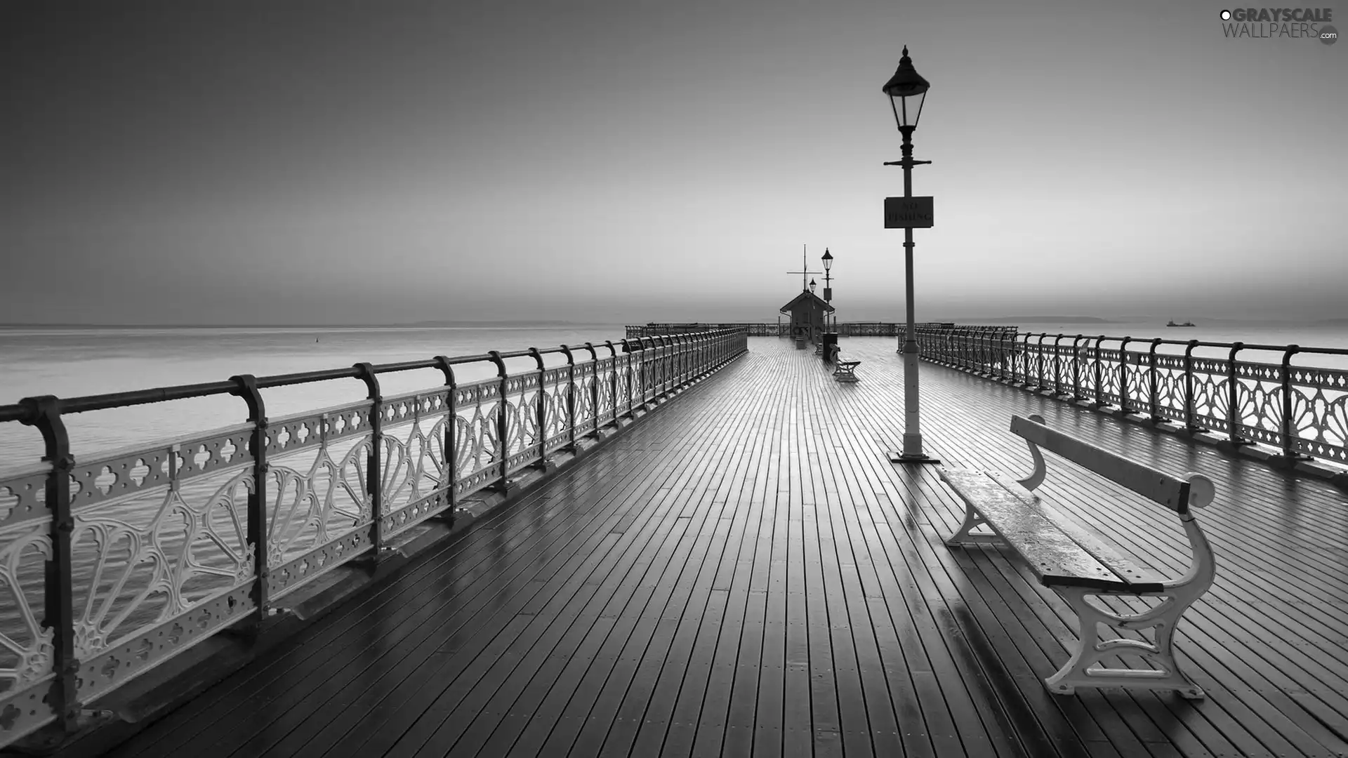 bench, pier, west, sun, sea, lanterns