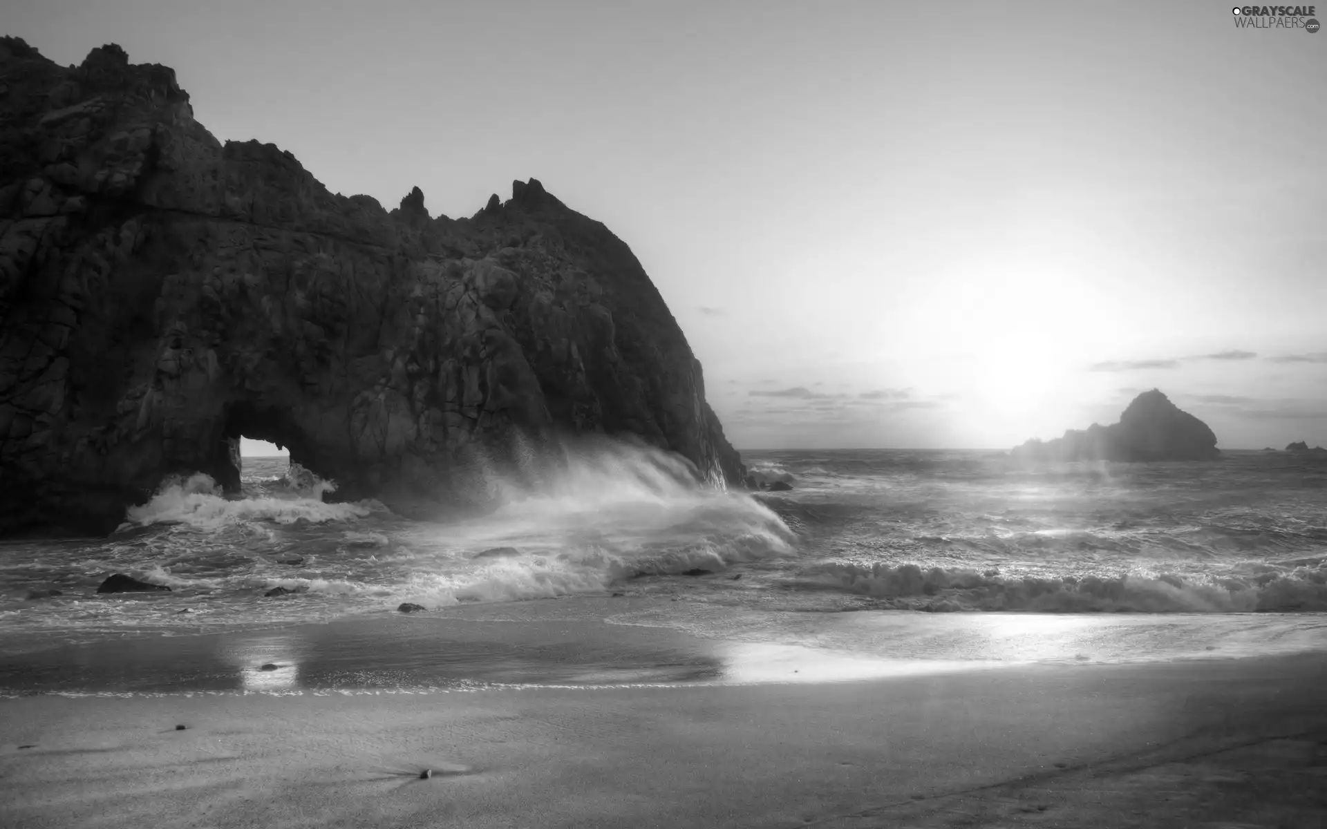 west, sun, Waves, rocks, sea