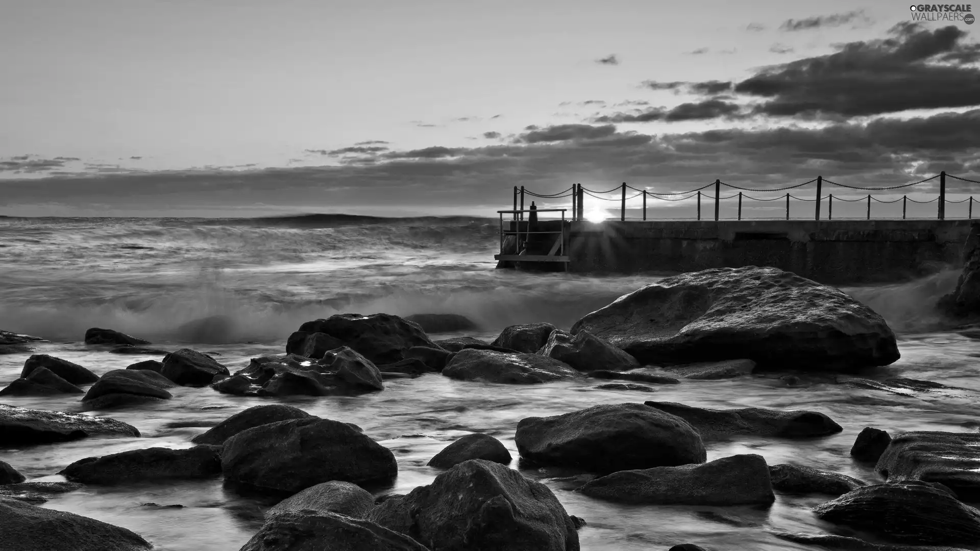 coast, sea, west, sun, Stones, pier