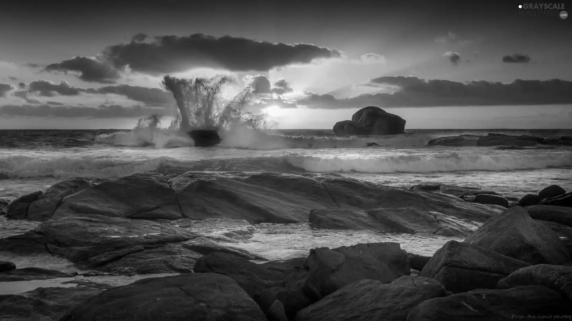 Waves, sea, west, sun, Storm, rocks