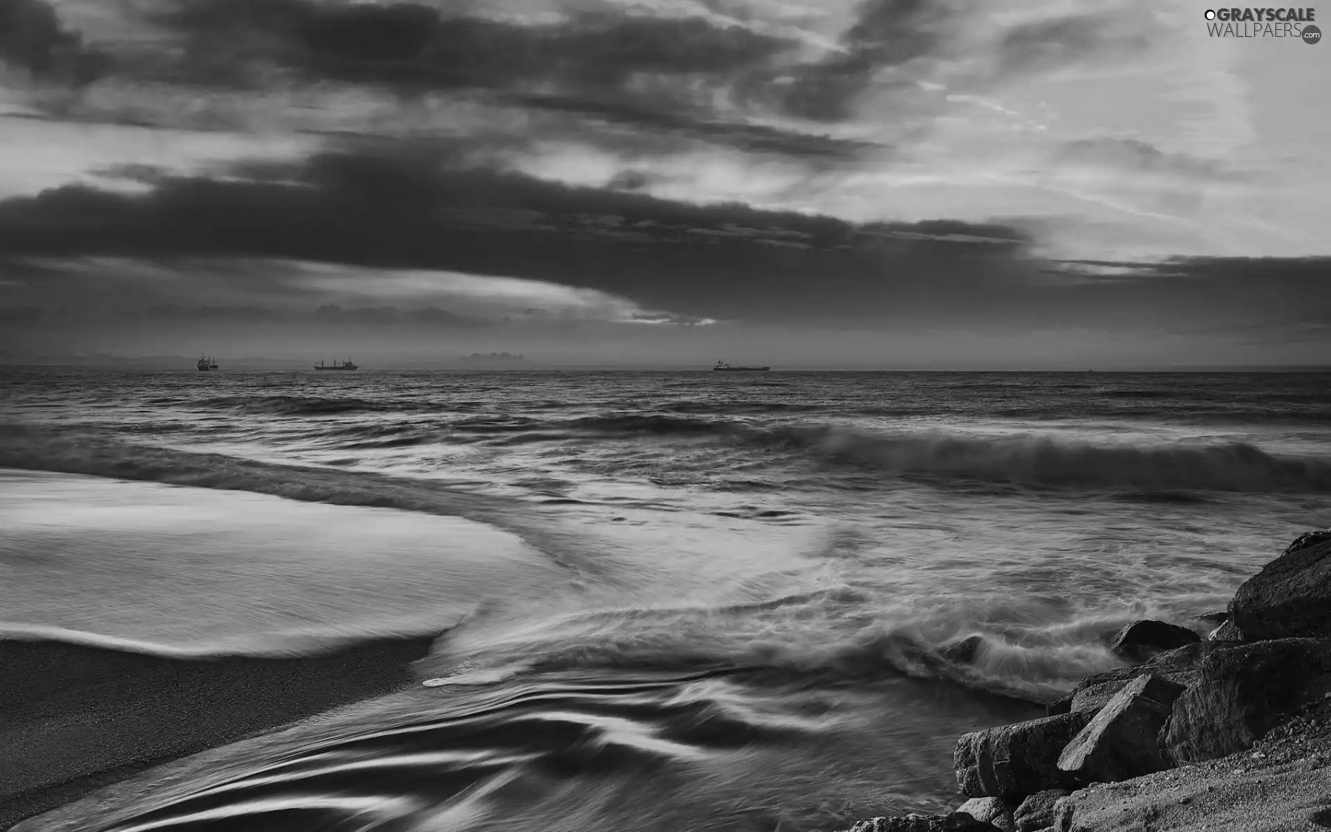 rocks, sea, west, sun, vessels, Waves