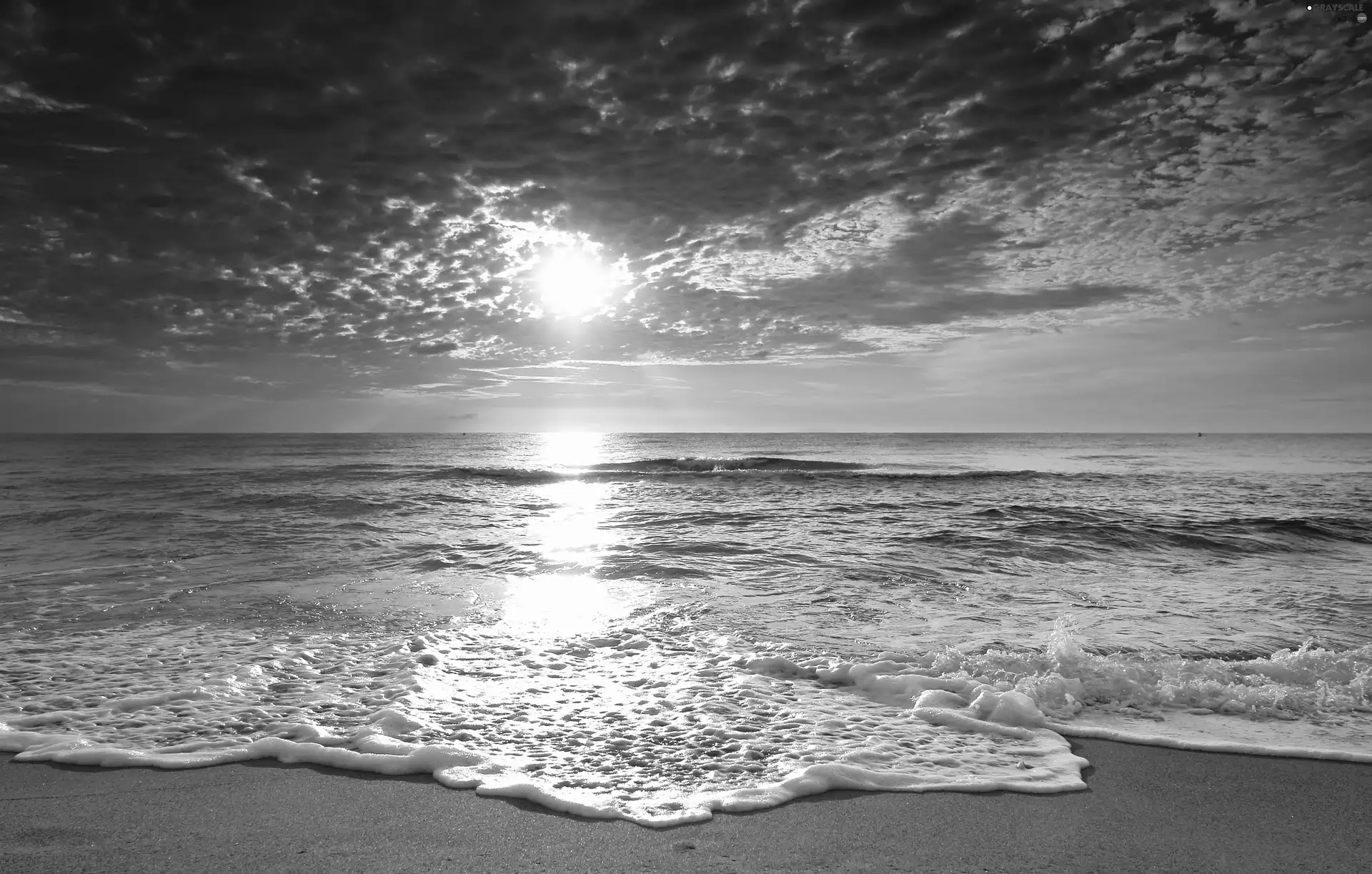 Beaches, clouds, west, sun, Waves, sea