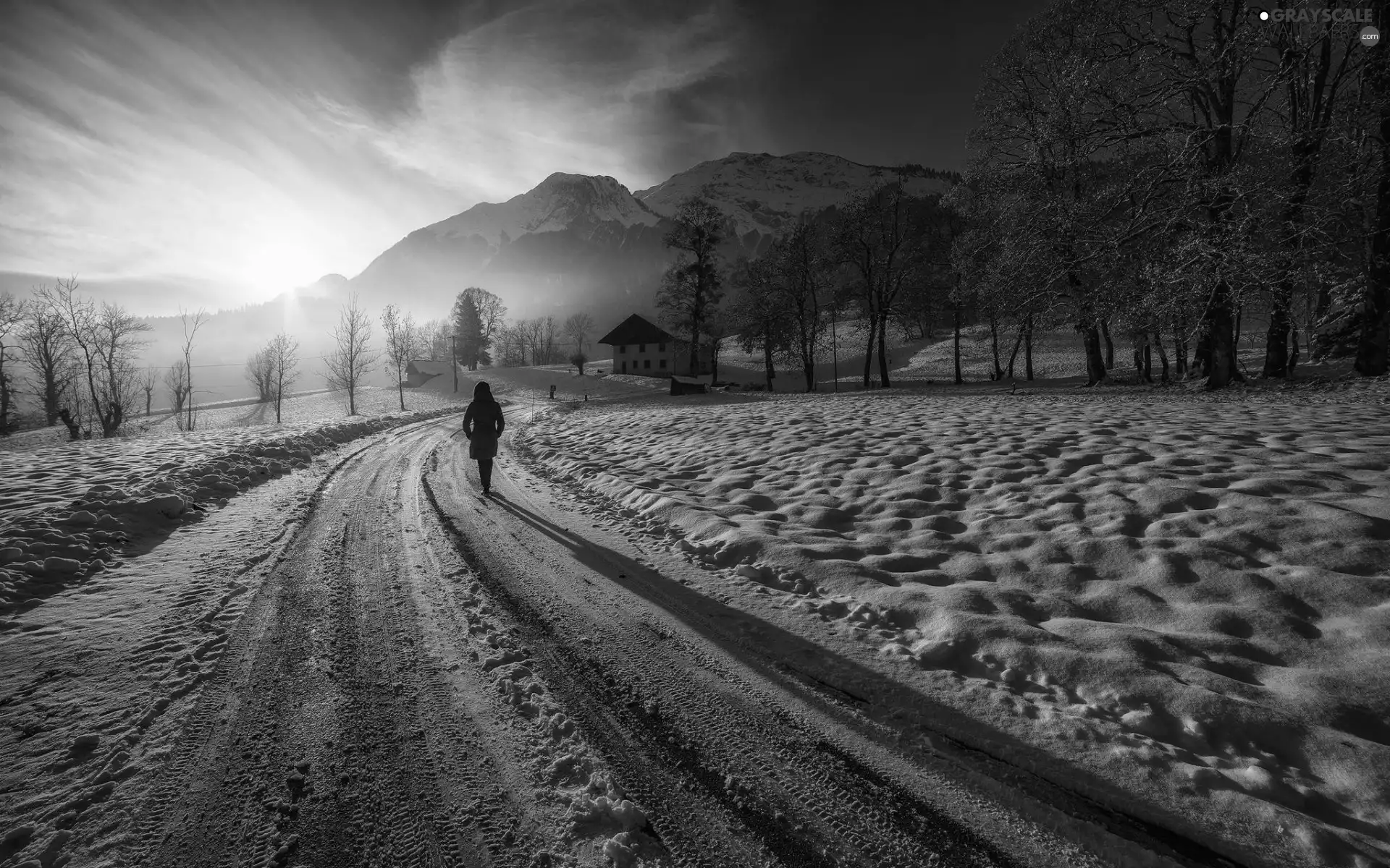 Mountains, Women, sun, house, Way, west, winter