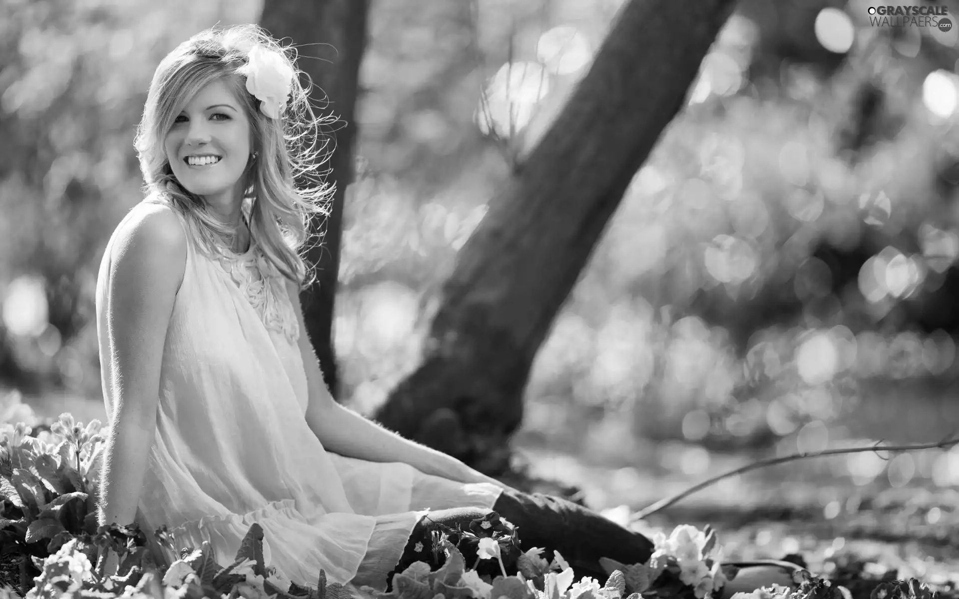 trees, Women, White, Dress, Flowers, Smile