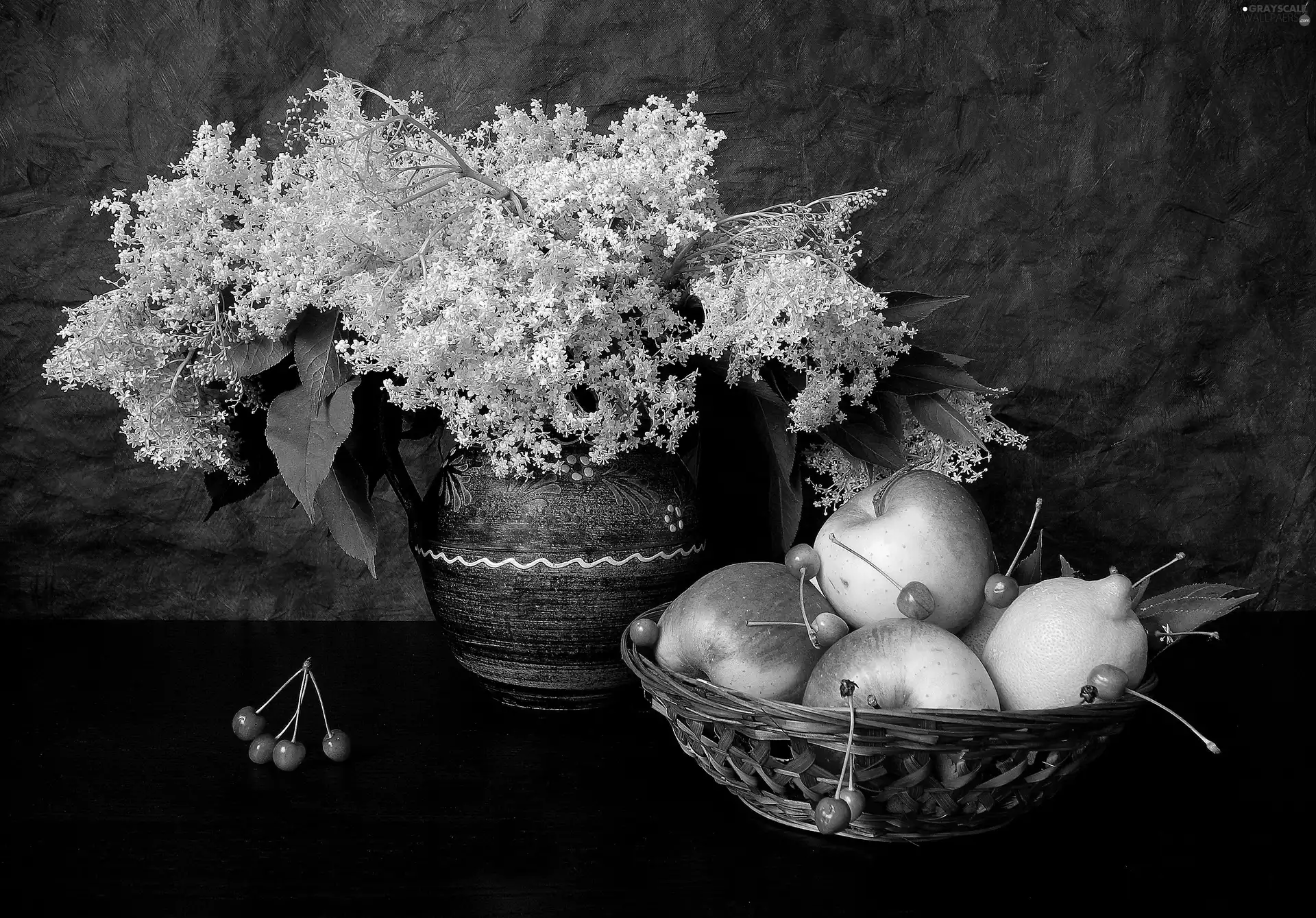 White, flowers, cherries, Lemon, apples