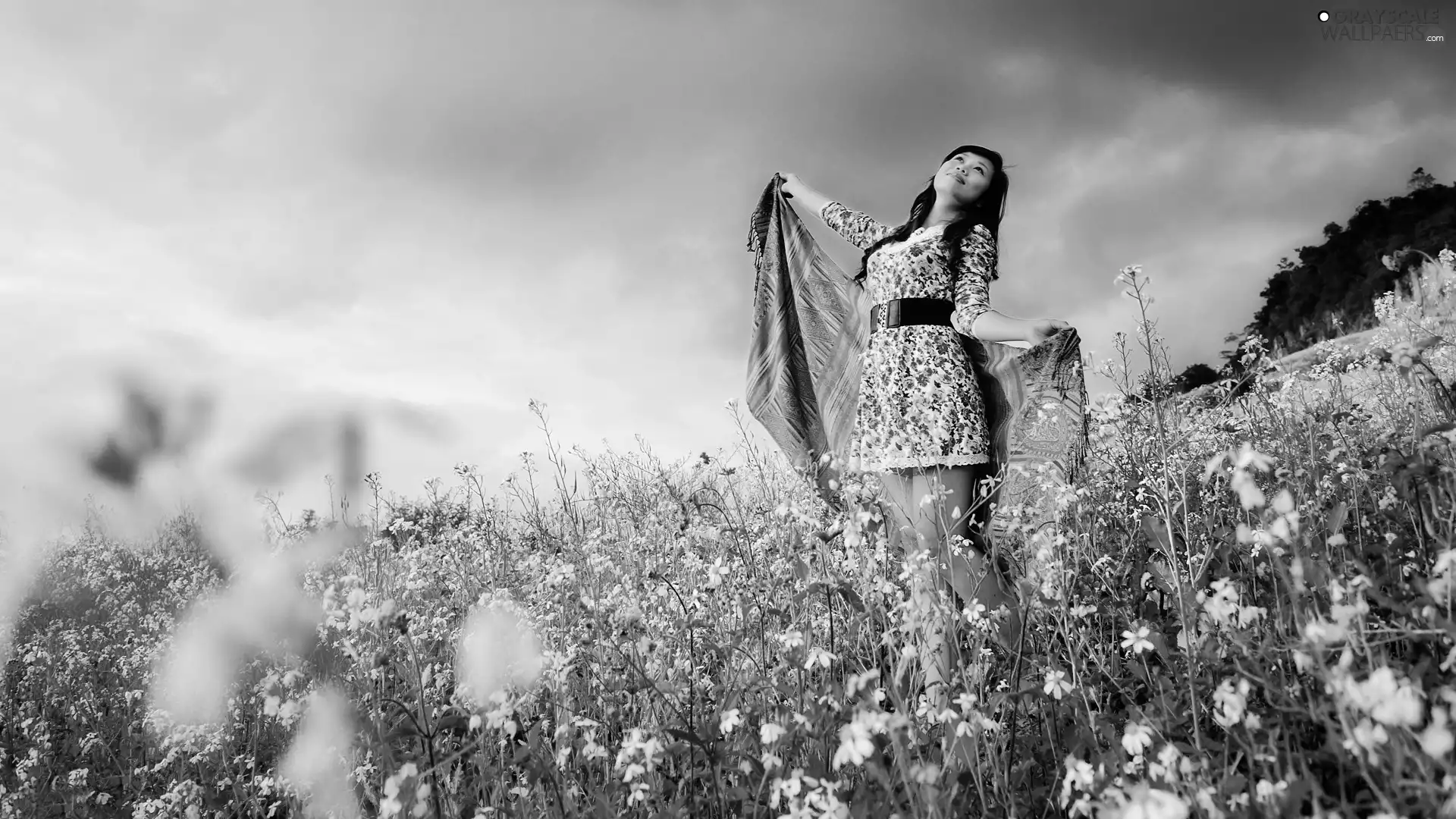 Wildflowers, Flowers, dress, shawl, Women