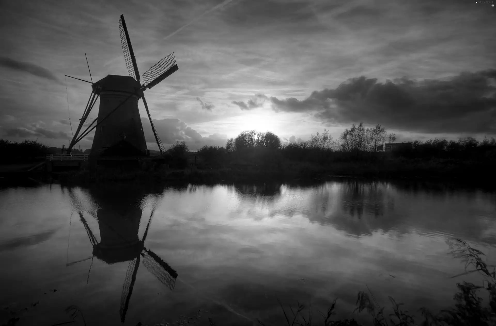 west, lake, Windmill, sun