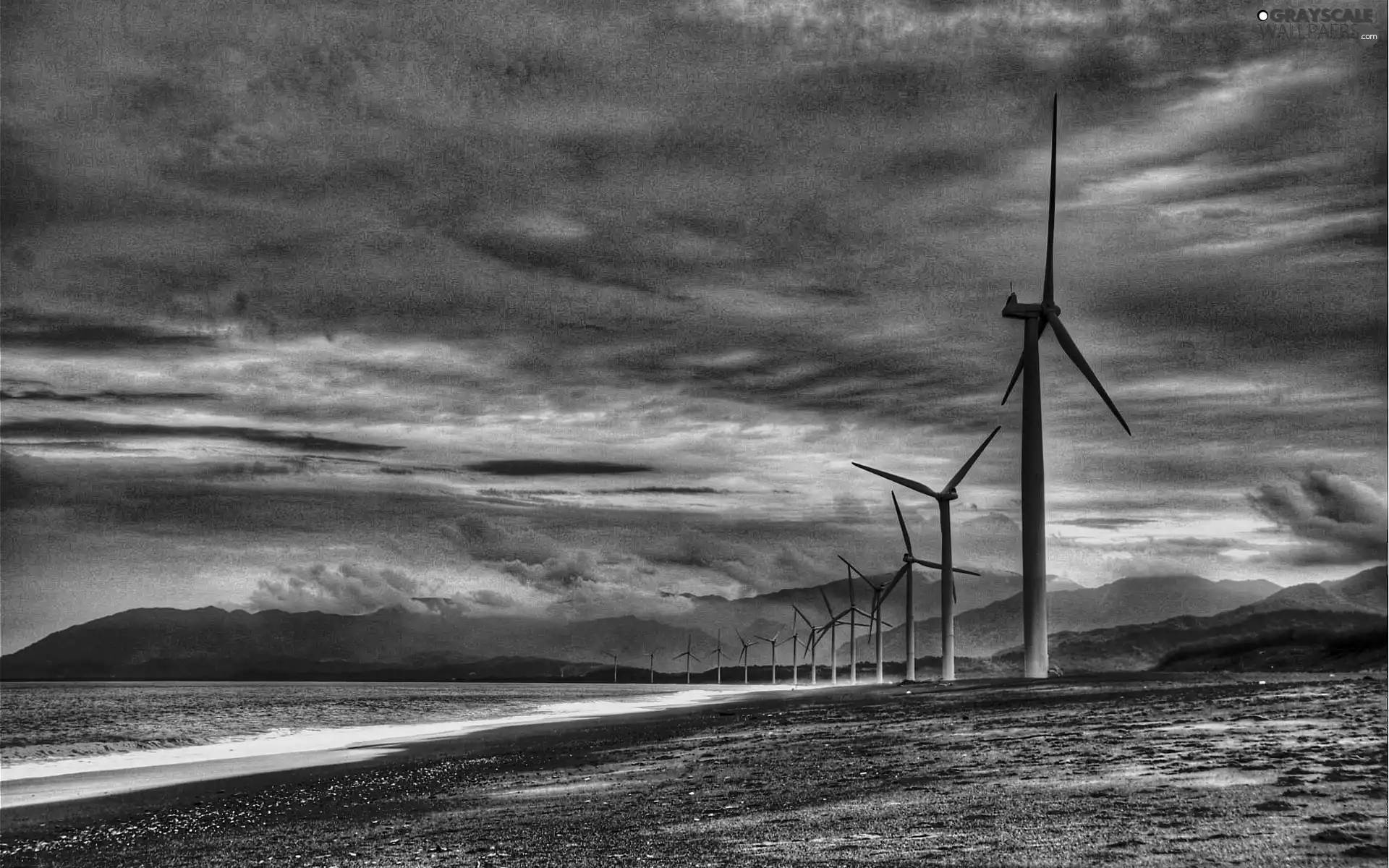 clouds, sea, Windmills, Mountains