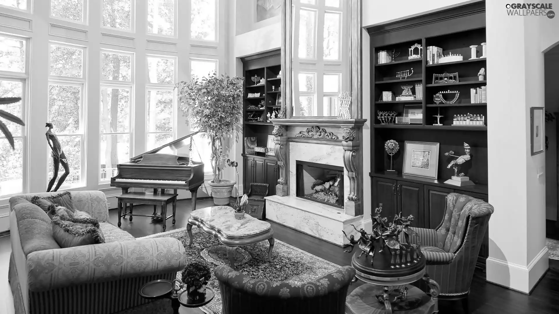 Sofa, burner chimney, furniture, Piano, saloon, seats, Window