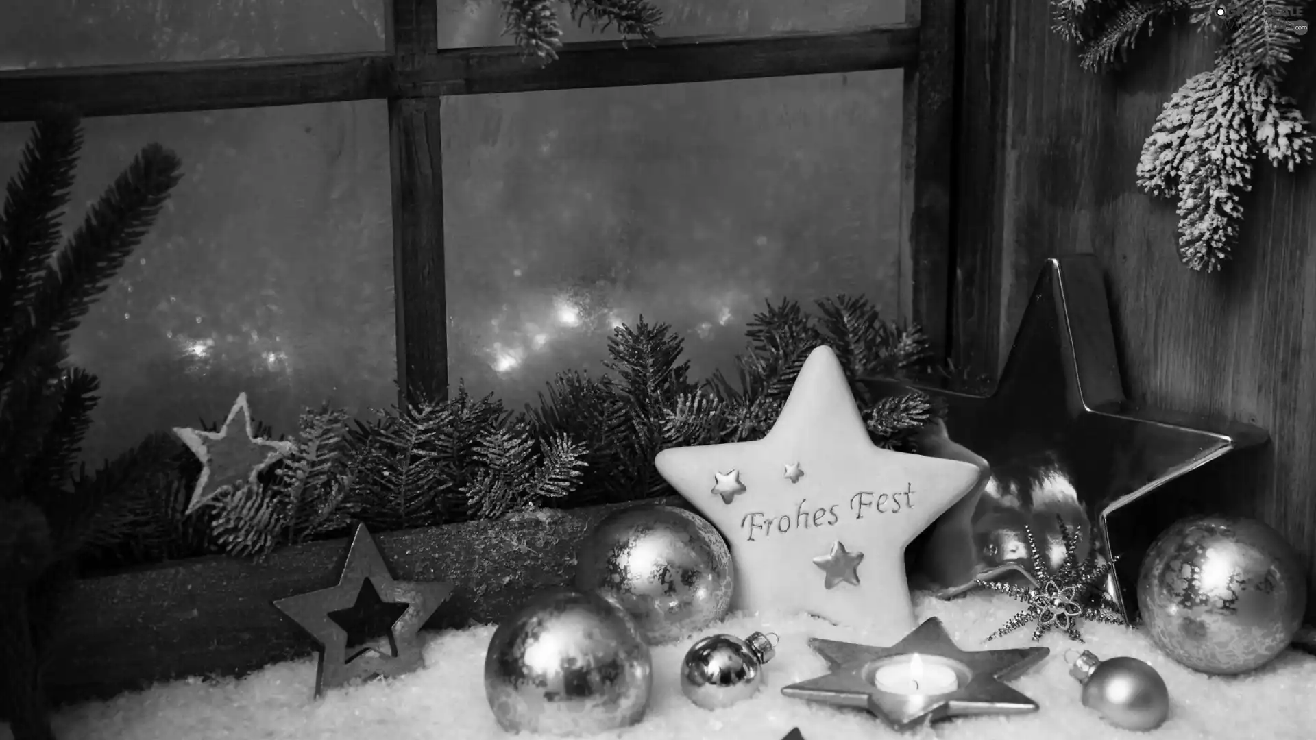 Stars, spruce, Window, composition, Candle, baubles