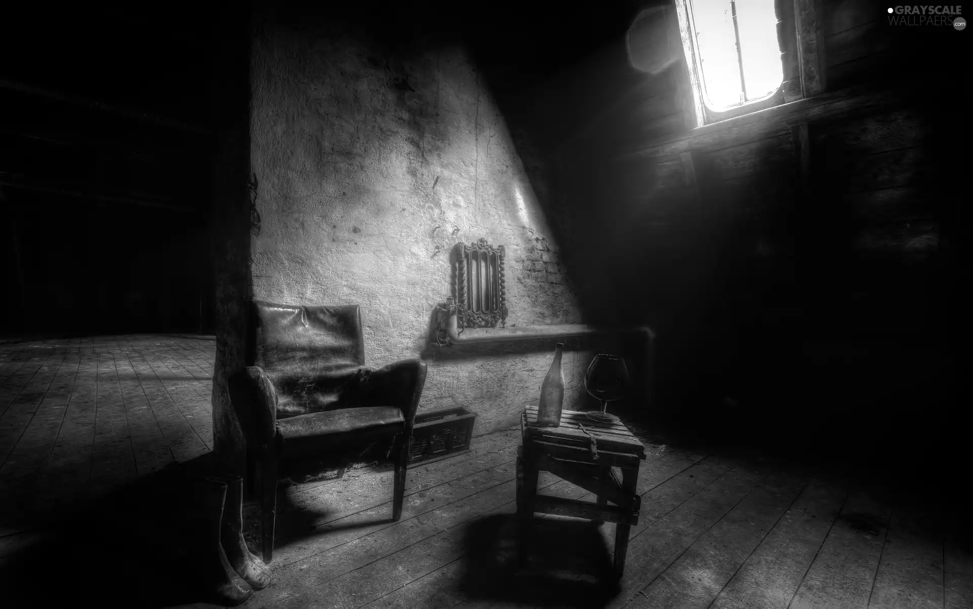 Bottle, Window, Neglected, Armchair, Space