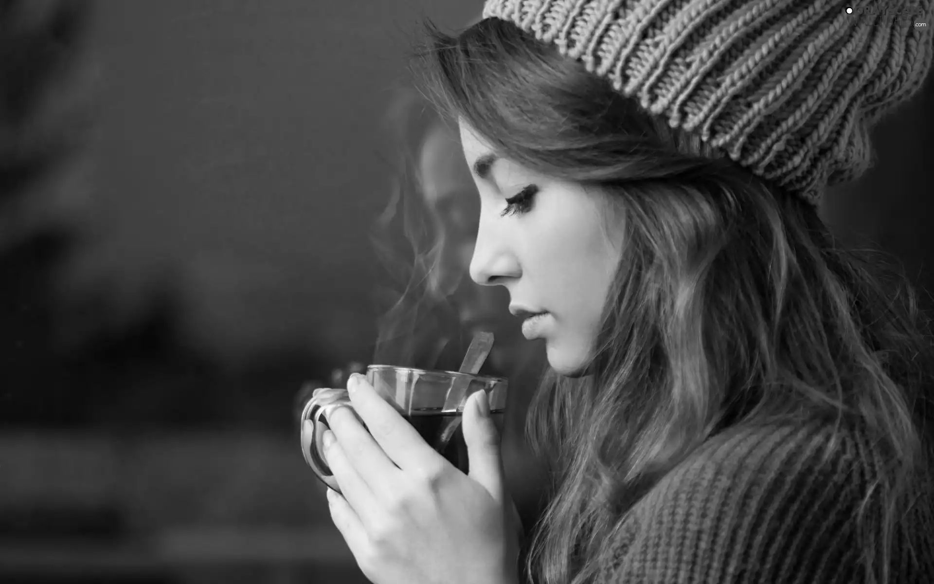 Window, winter, hot, tea, girl
