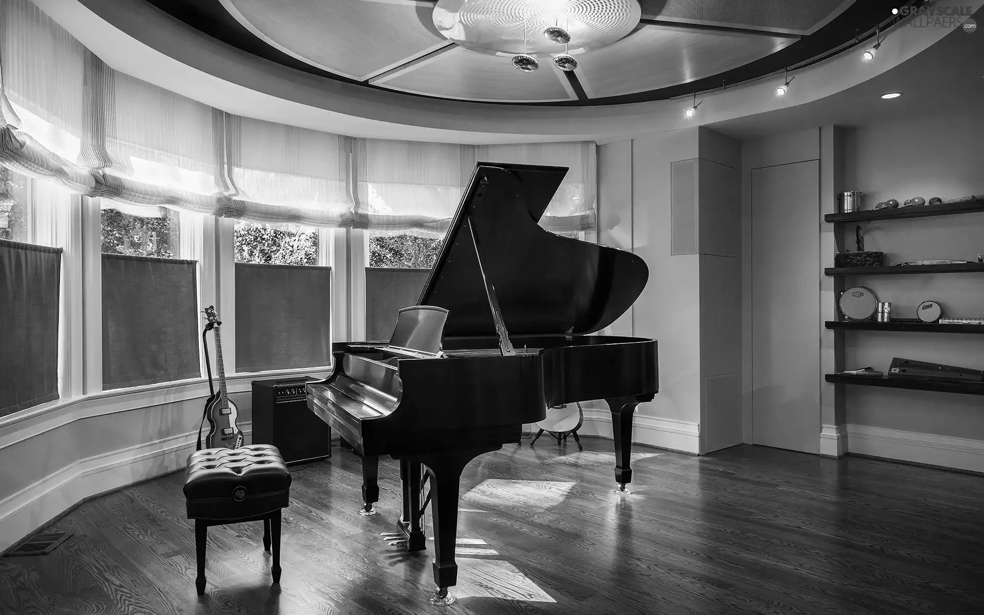 Windows, Piano, lighting, bookstand, Roller Blinds, pouf