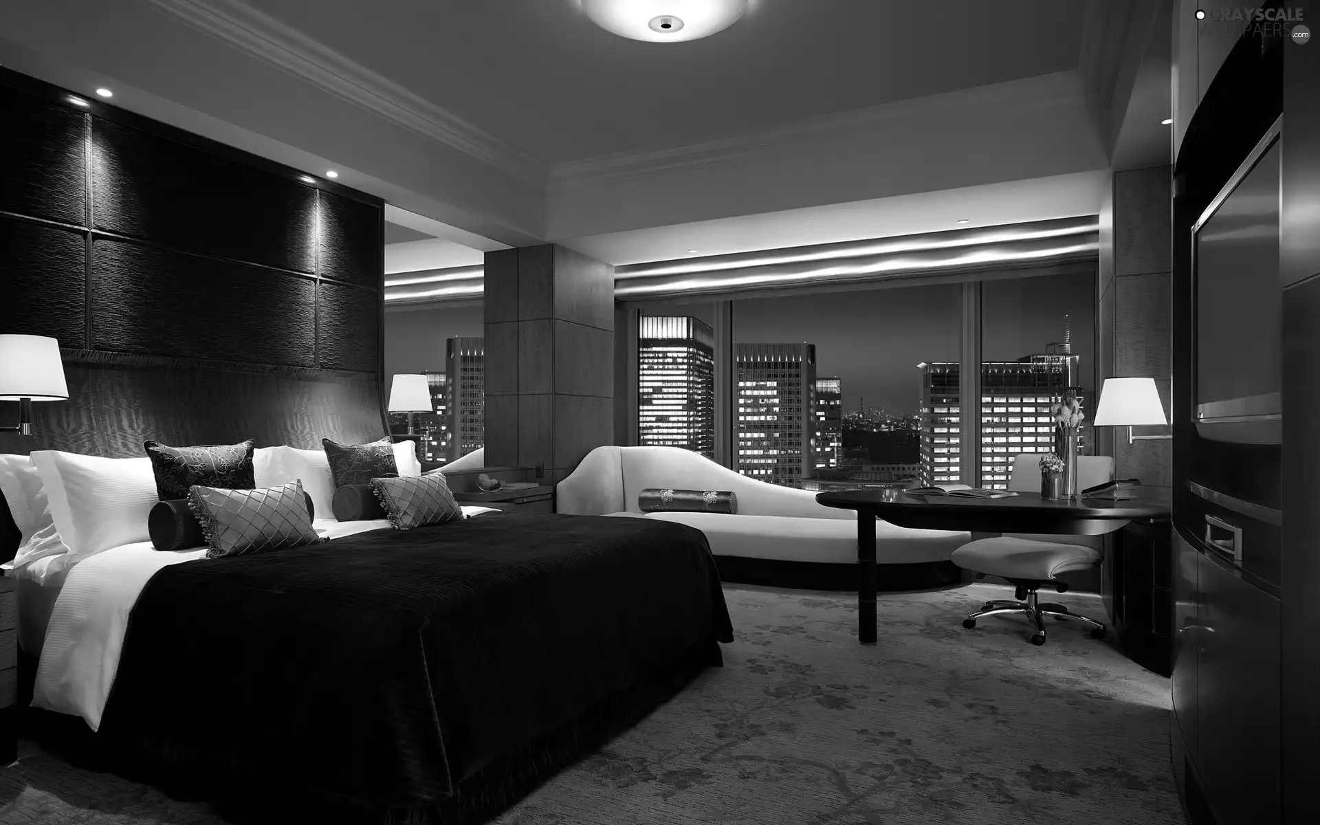 table, Bedroom, Windows, View, TV, bed