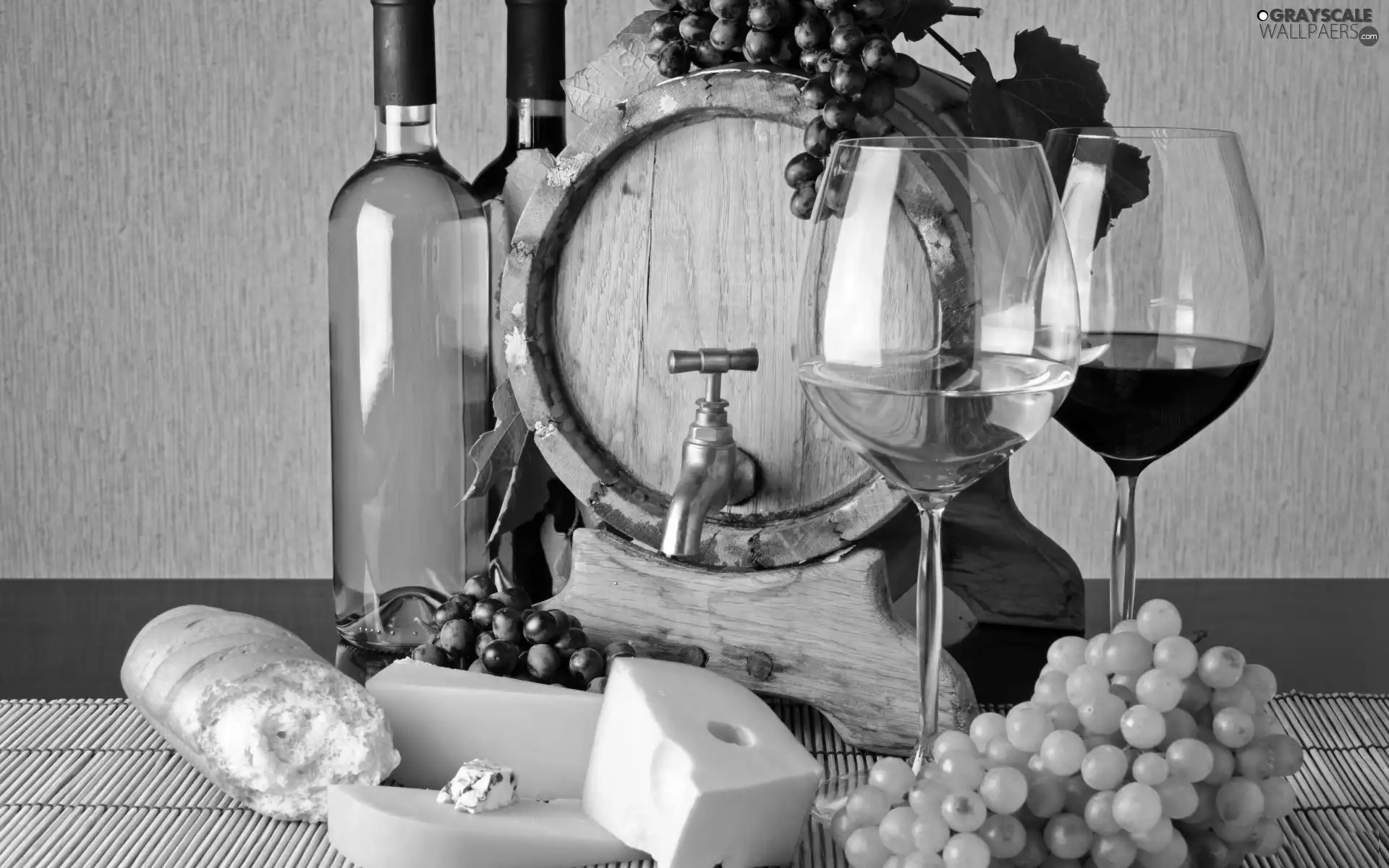 Wine, Grapes, Bottles, glasses, barrel