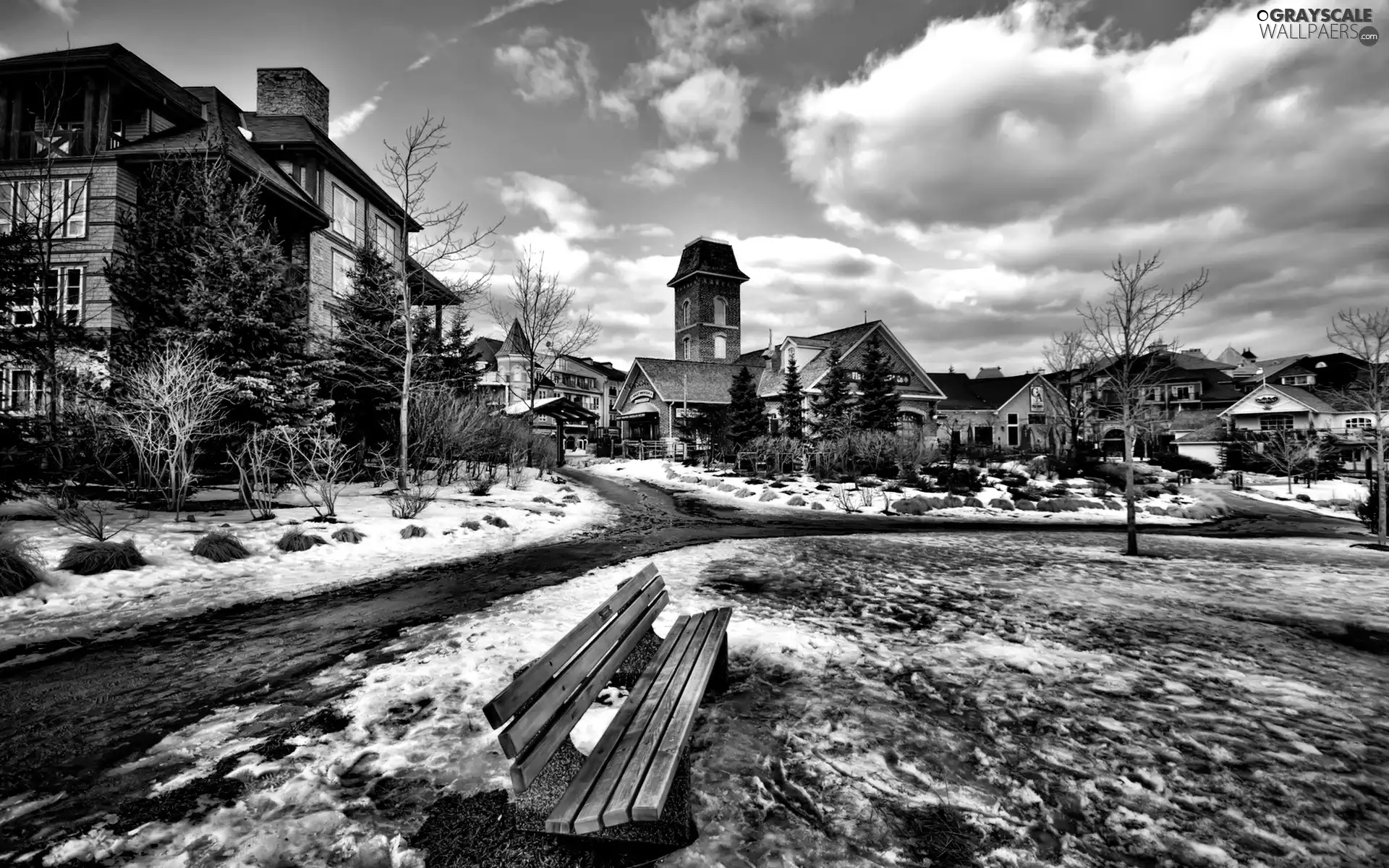 winter, Houses, Bench