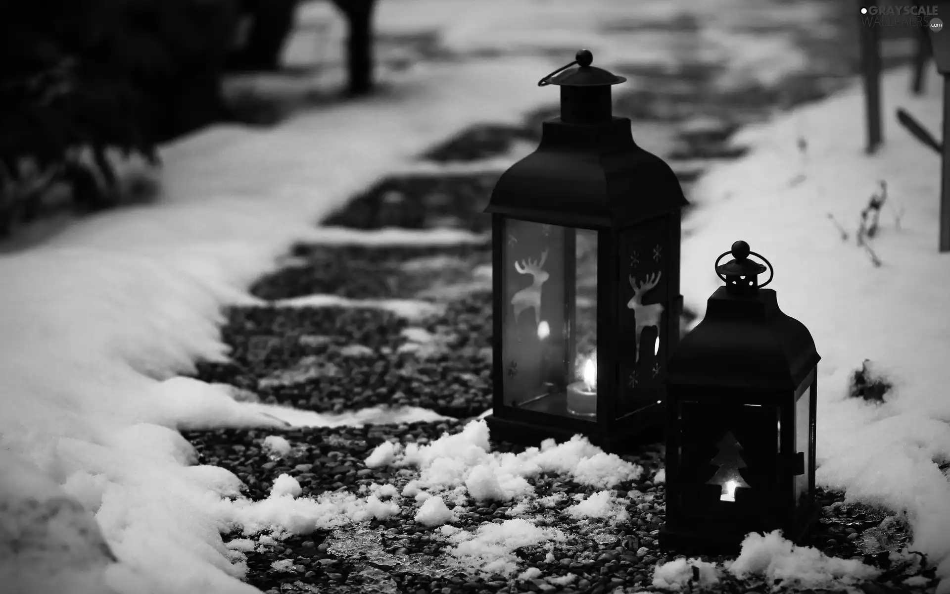 winter, Lanterns, snow