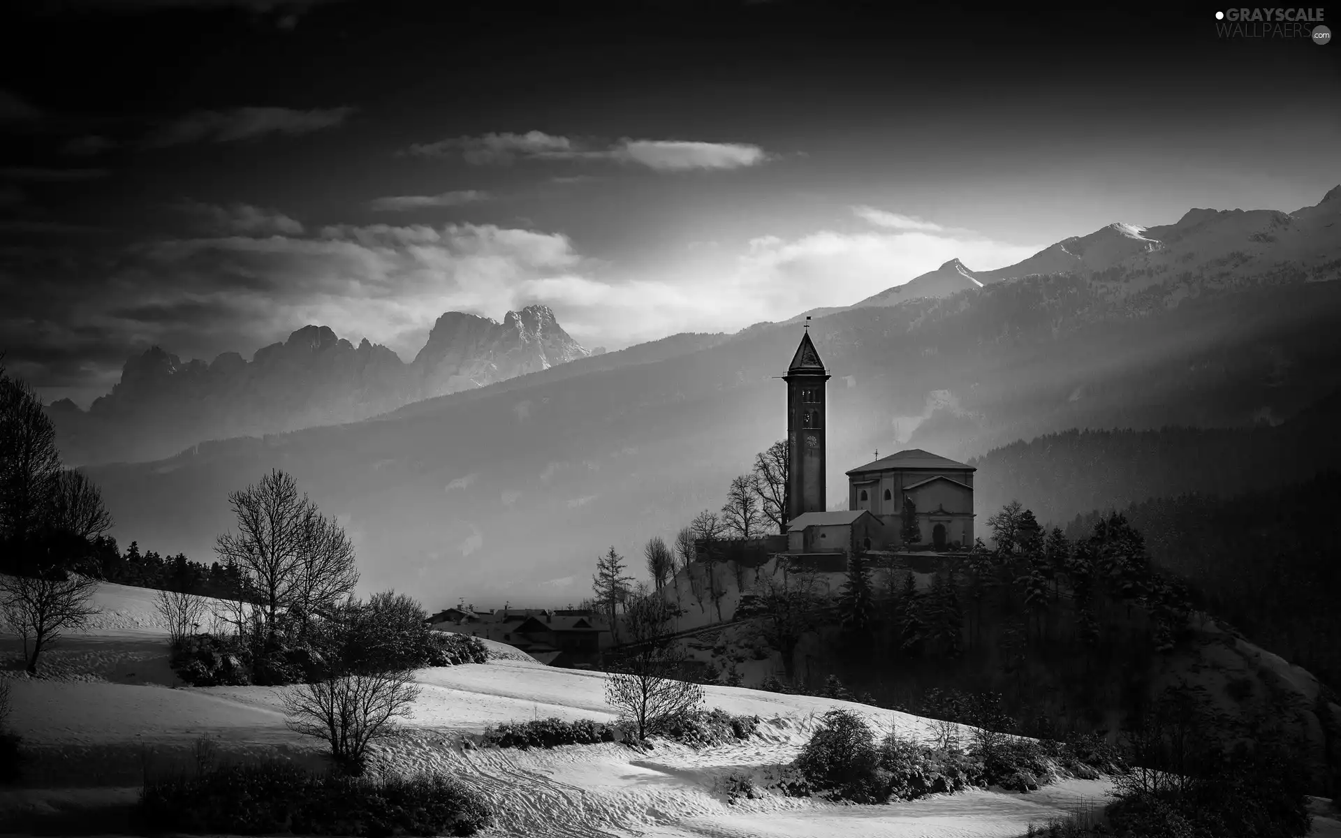 Church, woods, winter, Mountains