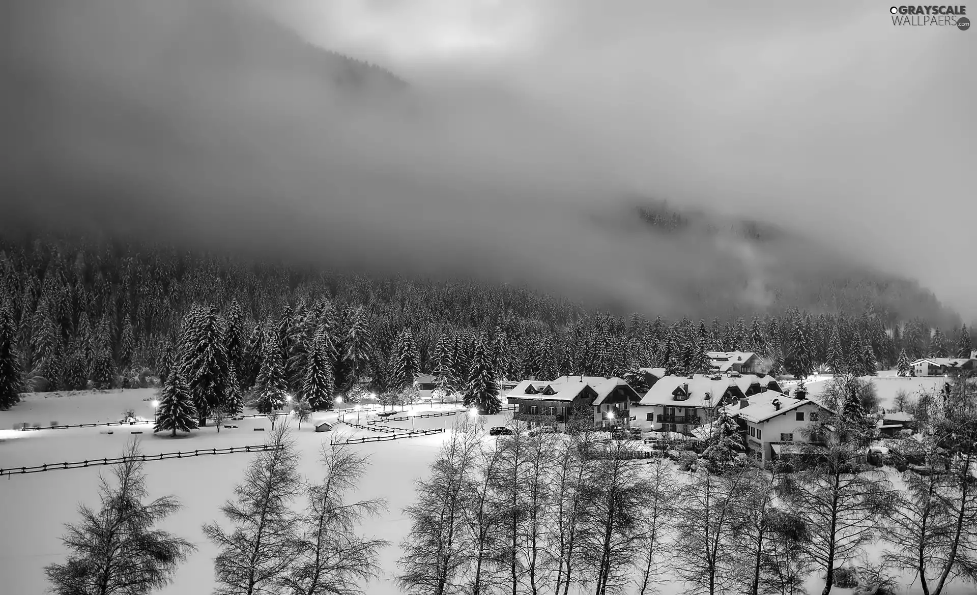 winter, Fog, woods, Houses, Mountains