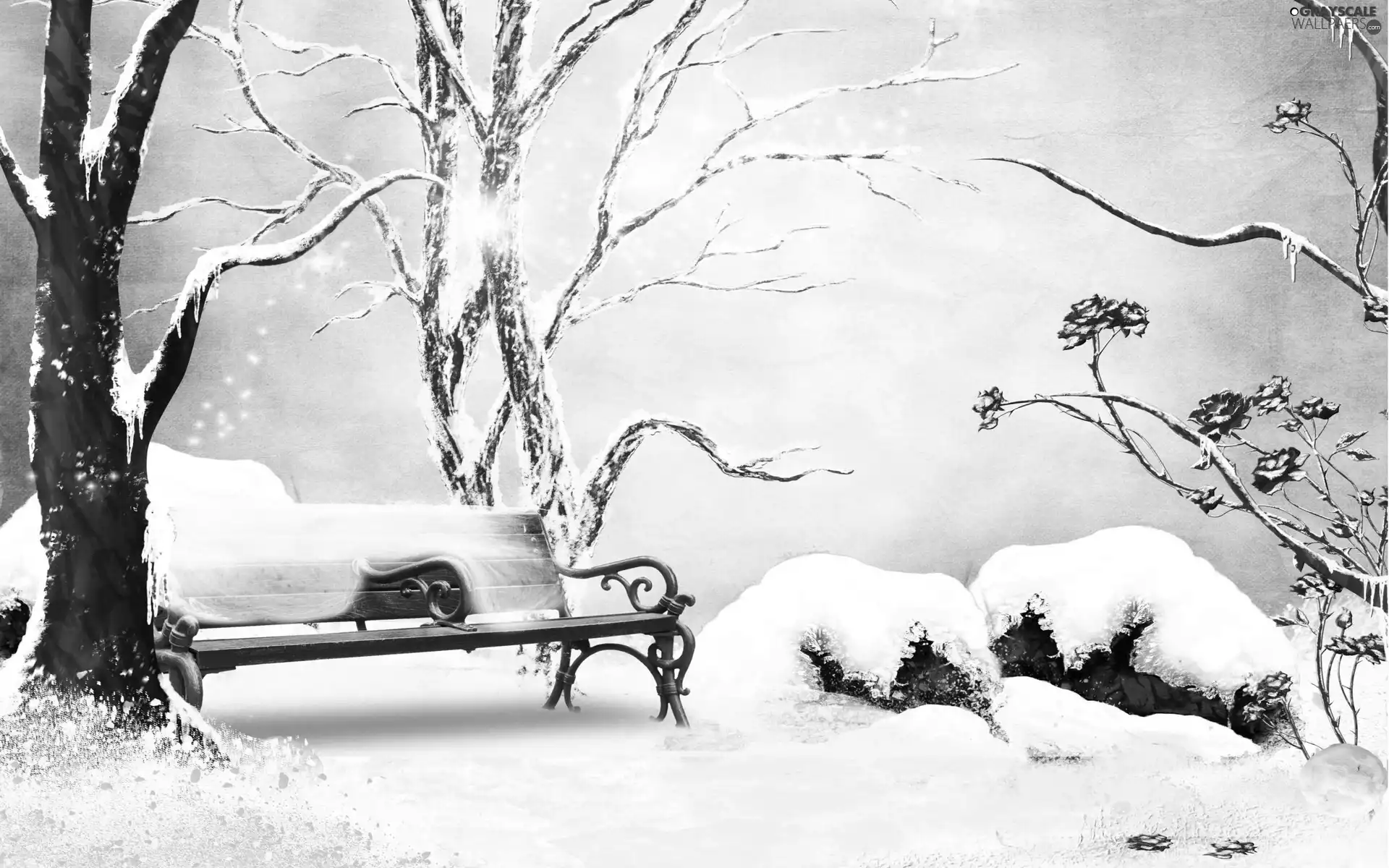 winter, graphics, trees, viewes, Bench