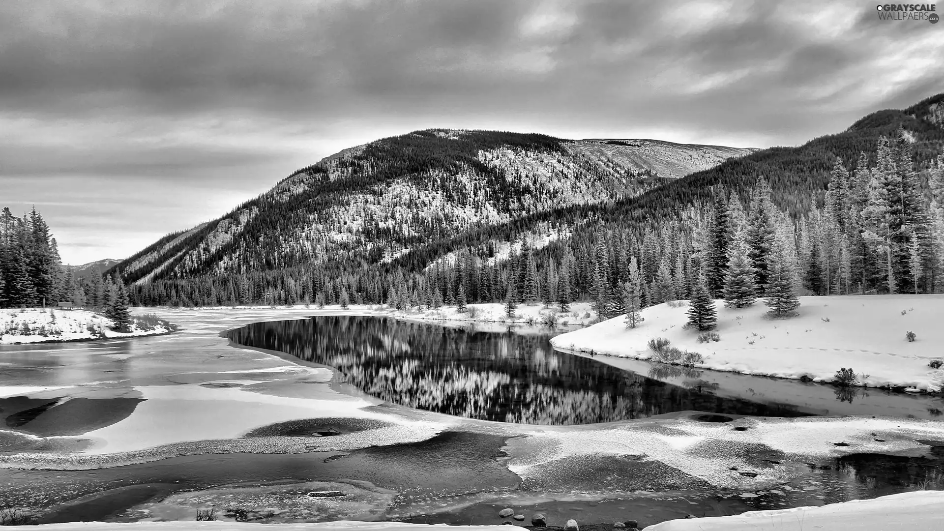 lake, woods, winter, Mountains